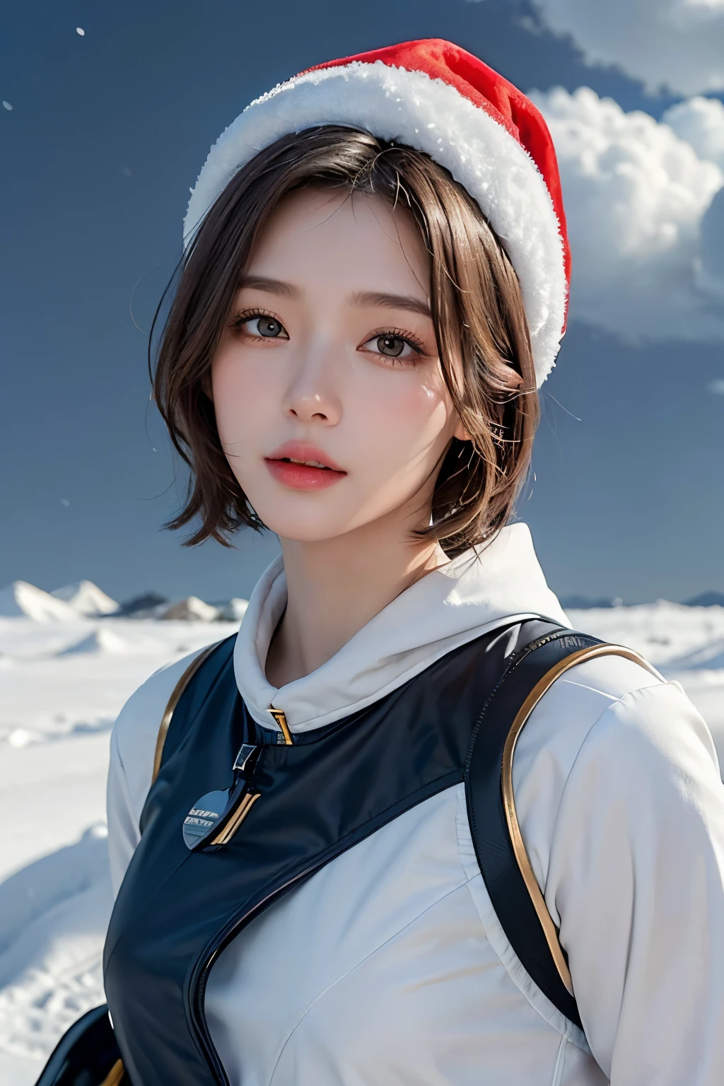 top-quality、​masterpiece、超A high resolution、(realisitic:1.4)、Beautuful Women１、Beautiful detail eyes and skin、ssmile、Light brown short-cut hair、The perfect spacesuit、spaceships、santa hat、weak sunshine、cloudy ash sky、snow star、