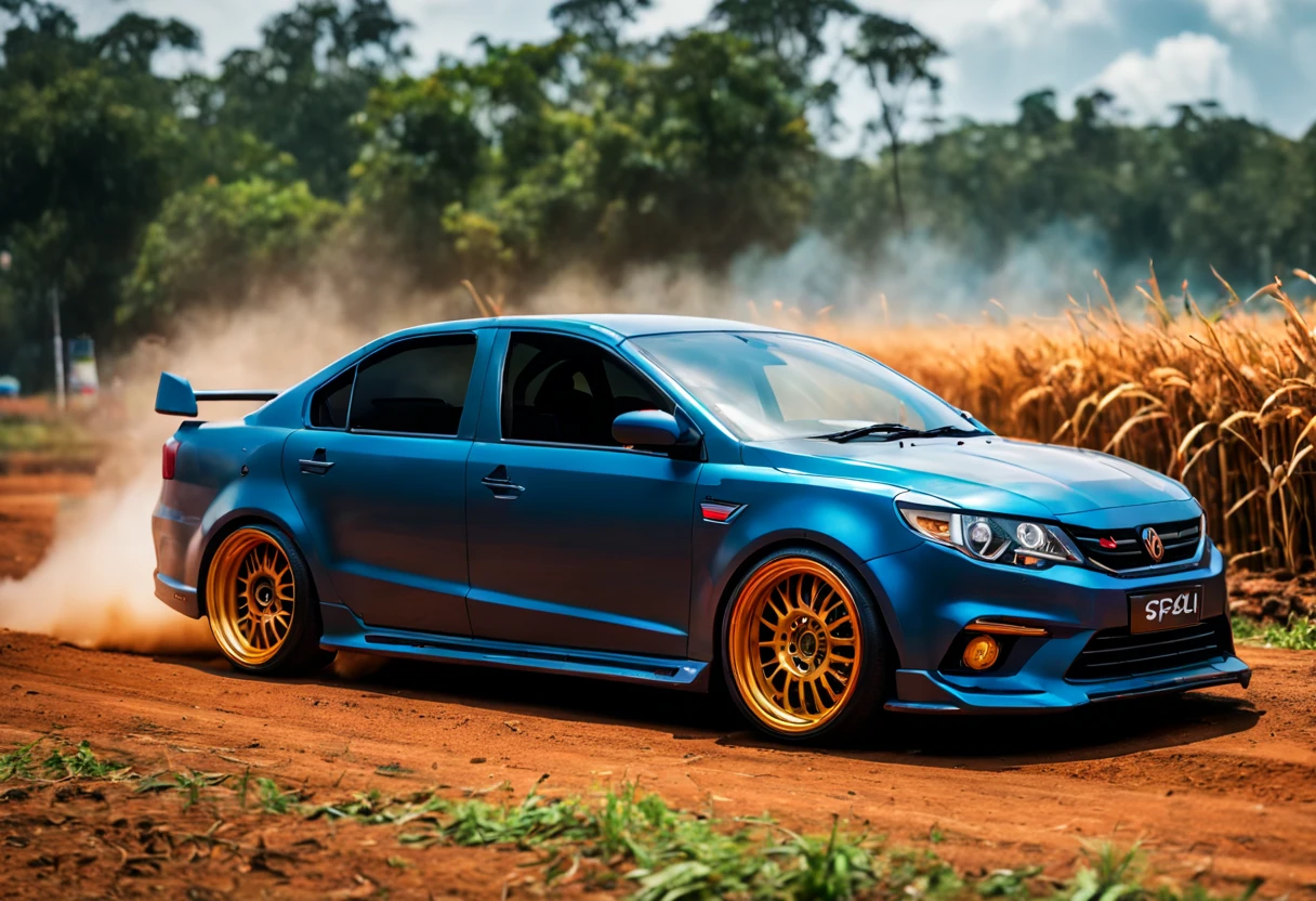 A Close Up Shot of A Proton Saga, wide body, flushed fitment wheels, taking in (Sony A7RIII 18mm focal length), (f5.6 aperture), (1/80 shutter speed), (bokeh), dusty winding roads, paddy fields, motion blur, unobtrusive, realistic, details sky, majestic, 8K HD, Cinematic, Dynamic angles