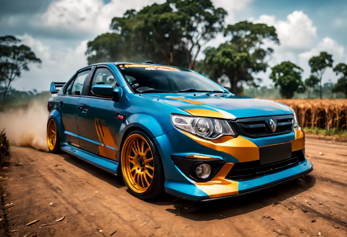 A Close Up Shot of A Proton Saga, wide body, flushed fitment wheels, taking in (Sony A7RIII 18mm focal length), (f5.6 aperture), (1/80 shutter speed), (bokeh), dusty winding roads, paddy fields, motion blur, unobtrusive, realistic, details sky, majestic, 8K HD, Cinematic, Dynamic angles