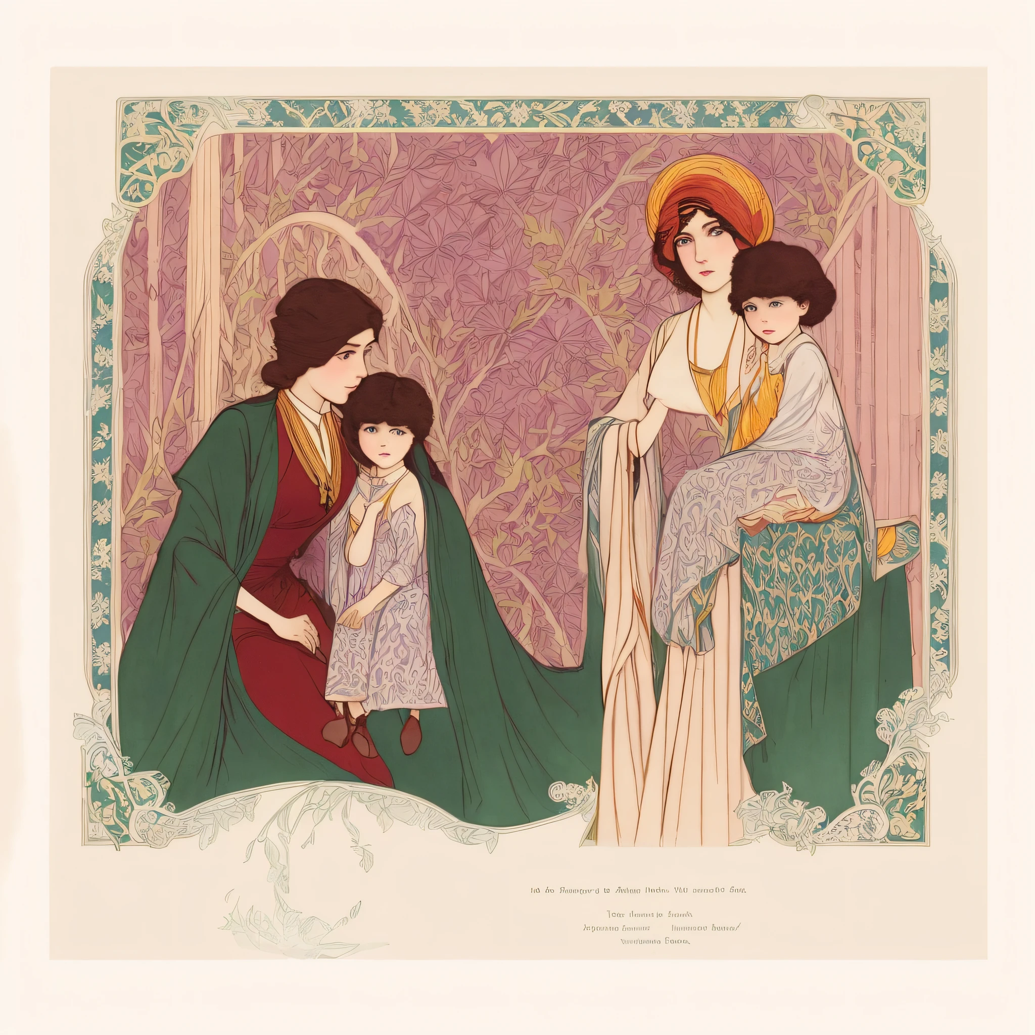 There is a picture of a woman and a child, Inspired by George Barbir, author:George Barbir, vignet, ikat, dulac, author:Niels von Dudel, author:Raphael Kirchner, art nouveau illustration, illustration”, vignet, Eugene Gasset, Inspired by Eugene Glass