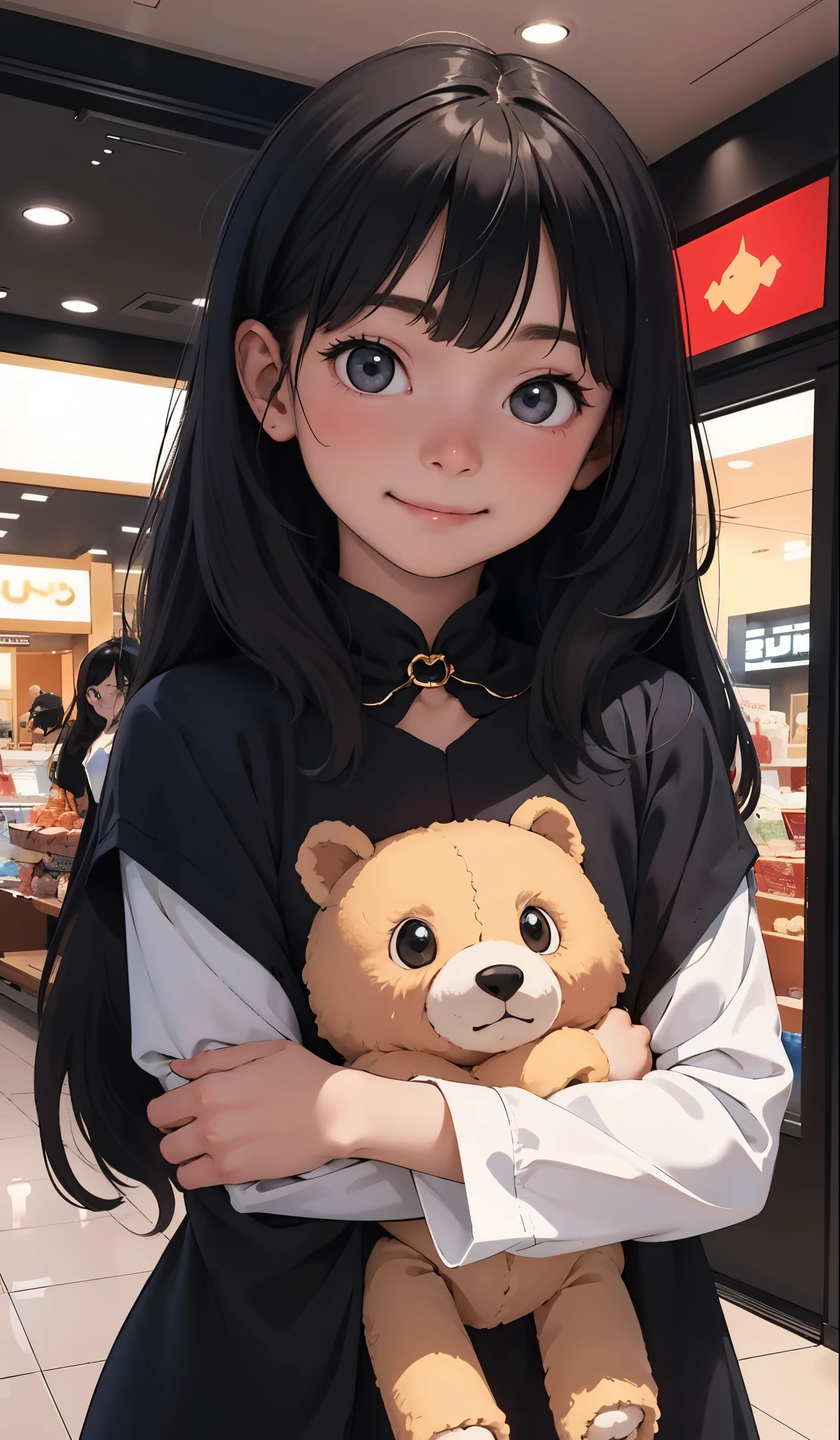 Perfect picture,,{girl in costume}{mall}{Beautiful }{hedonism},{holding stuffed toy},8 years old girl,4K picture quality, Cinematic,,{Gamine},{small body and chest,,} Longhaire,A dark-haired,cute expression,face perfect,{girl showing a smile}