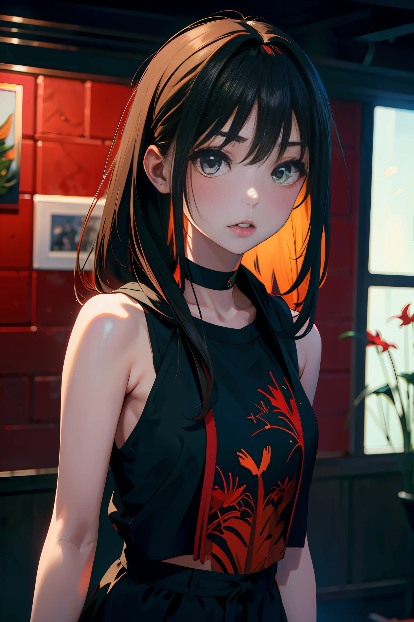 (Fine, beautiful eyes and detailed face)、cinematlic lighting、bustshot、Highly detailed CG Unity 8K wallpaper、(top-quality、hight resolution、8K、masterpiece:1.2)。Curvaceous but slender、Muchimuchi Body、Red Spider Lily Field、Red modal lilies are blooming all around、Red Spider Lily、Grinning Woman、Red spider lily sits in the middle of blooming。With a somewhat horror look、Eight teeth are characteristic。Wear bloody clothes、Has an ax。Crazy looks and the gap between her and Red Spider Lily、Further enhance her beauty。Half-garment hoodie、accessorized、Mole、eyebrows、double tooth、canine teeth、poneyTail、Muscular nose、Clear, Detailed green eyes、blondehair、Hats、校服、red blush、short-haired、a choker、fleshy lips、Physical beauty、well-muscled、Raise headband bangs、Oforehead、Mysterious fashion、Street fashion、Anime style、animesque、Oversized trousers、Unreal、Fashion based on green and black、Backgrounds with depth、The background is a field of bright red lilies、10,000 Red Spider Lily。a necklace、Bracelets、Misanga、arm band、colorful backdrop、Light and Wall Co-star、Little black cat clinging to his shoulder、Original face、(dark themed:1.3)、Dark Fantasy、Long Black Hair、