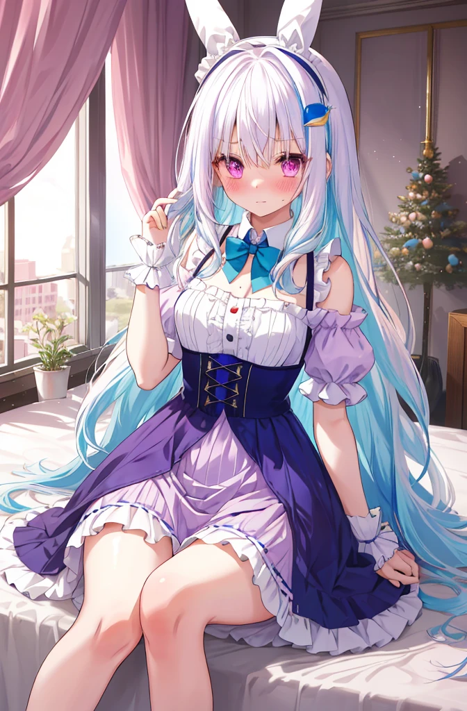 One girl with long hair, white hair, (blue inner hair:1.25) , purple eyes, looking at viewer, blushing, embarrassed, (embarrassed:1.2), lolita dress, indoor, pink bedroom, bunny headband, slim, dizzy, mid-chest, wide hips, perfect waist, day atmosphere, hair ornament, bare legs, sitting, kneeling pose, bowtie