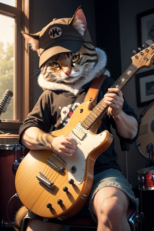 Drawing of a cat wearing a hat and playing drums, by Muggur, author:Igor Grabar, Dōjinga, rock out, traditional art, author:Dechiko Uzunov, mouse with drum, !!!! catss!!!!, Scotty is young, mouse holding drum, cat with a hat, drummer, furry artist, album covers,,16K resolution, author:Mario Dubsky
