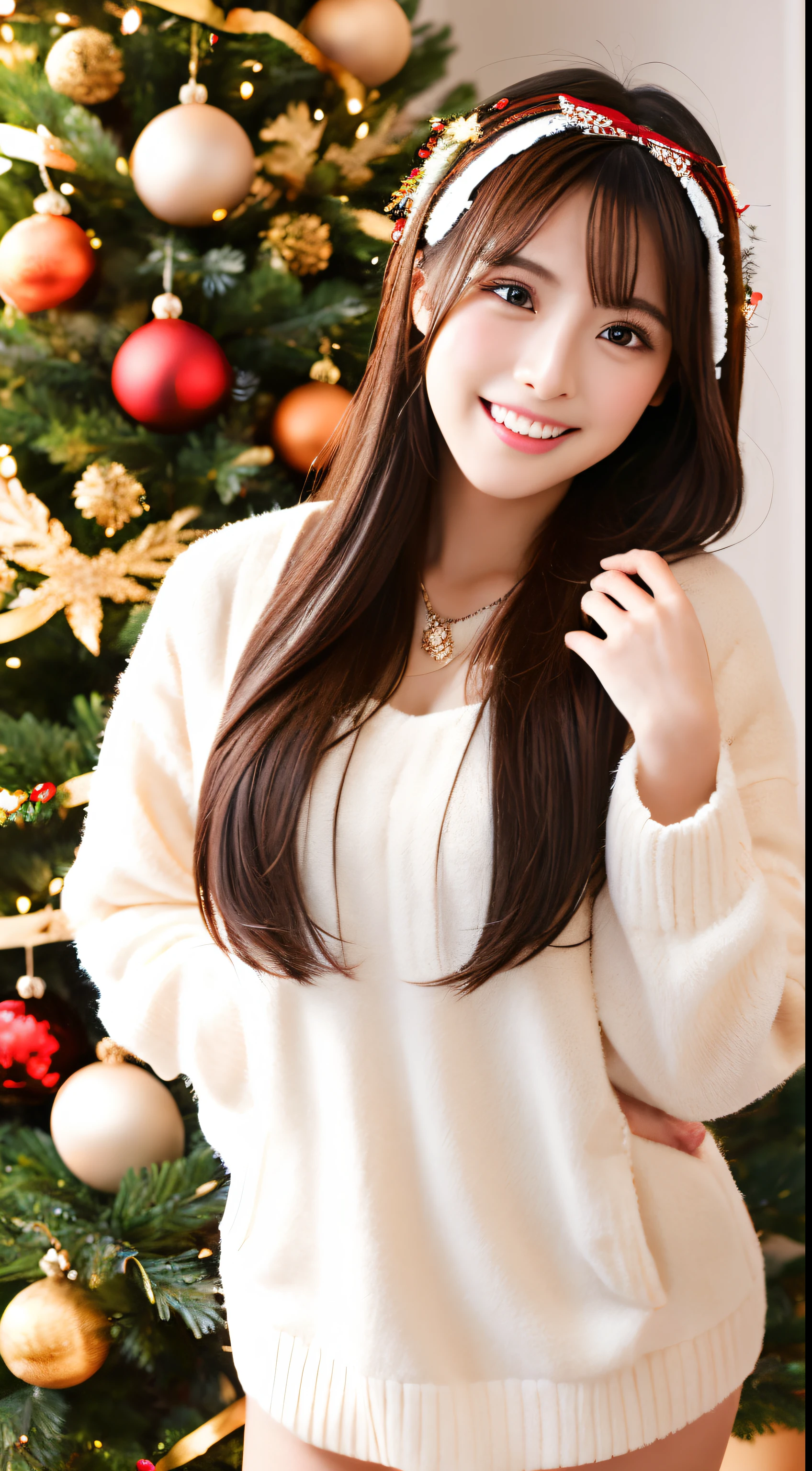 Extremely high quality details of unparalleled beauty,santa claus idol image,fullbody image,Best Quality, masutepiece, hight resolution, 1girl in,Christmas beauty full body high resolution image,Super high resolution images of beautiful faces,Dressed in Santa Claus costume,Hair Ornament,Maroon hair,fully body photo, Jewelry,Beautiful face,Tyndall effect,Photorealistic, Detailed image of horizontal Christmas tree,fullbody image,(High detailed skin:1.2),Smiling and looking at the camera,full body digital single lens reflex camera, in the soft and bright sunlight,High quality, Volumetric lighting, Candid, photograph, High resolution 8K,