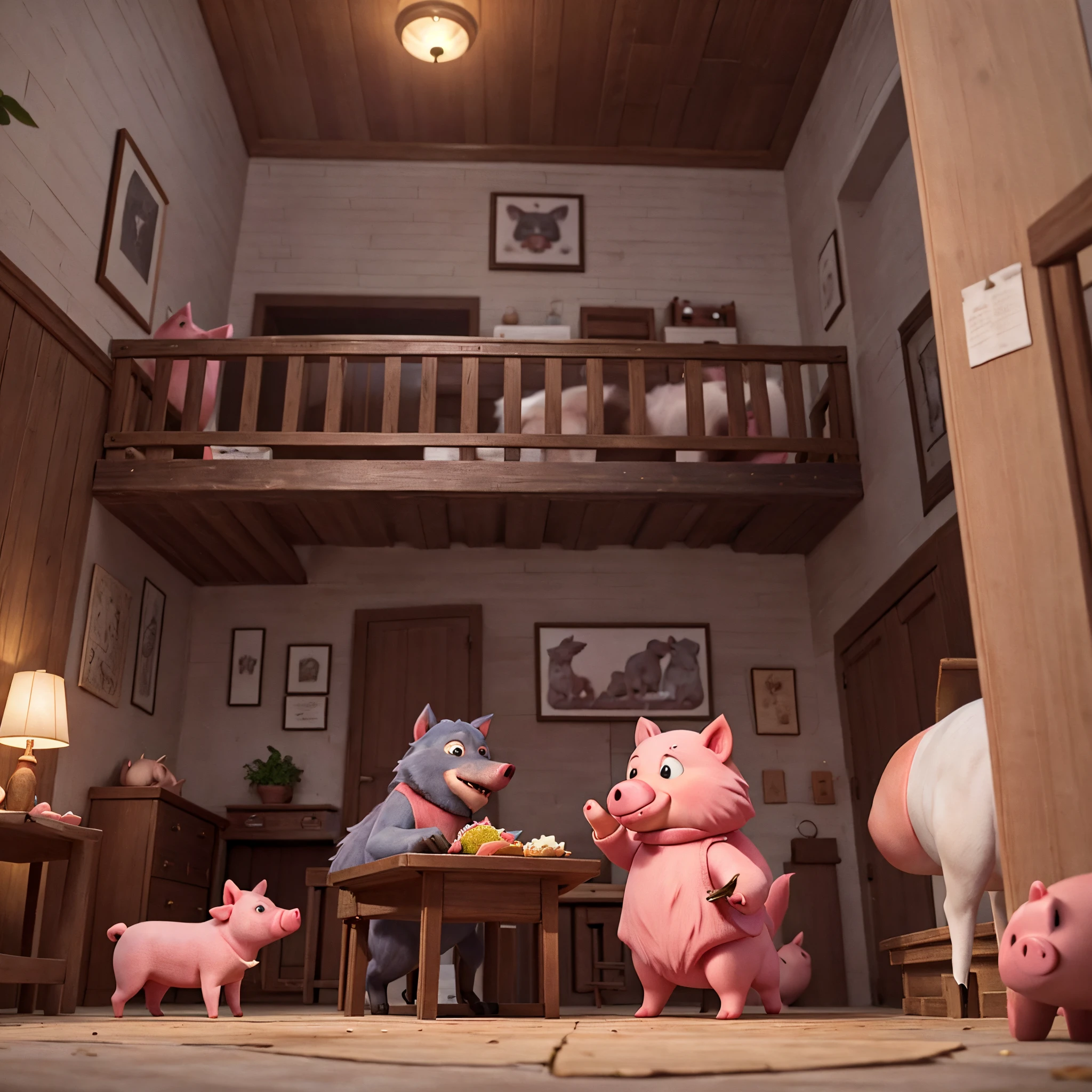 This is the scene where the wolf stays in the pig's house..
The wolf eats with the pig, We are having a good time taking walks together..