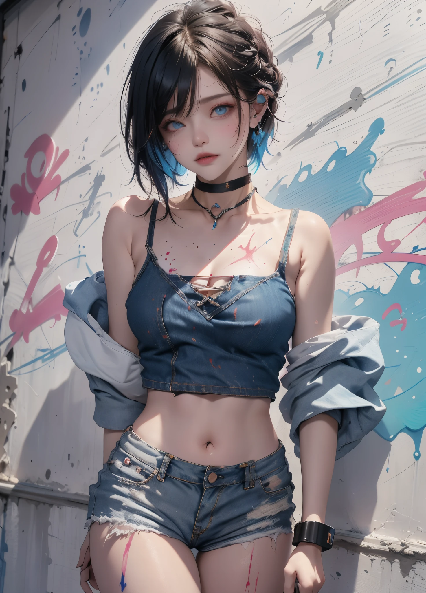 tmasterpiece, Best quality at best, solo, short crop top, denim short, choker necklace, (scribbles:1.5), paint splatter, place one's arms behind one's back, against a wall, looking at viewert,(Hand holding spray paint:1.5) armlets, thigh band, Paint on the body, tilt of the head, having fun, Hair color, Water-colored eyes, earphone,(graffiti wall:1.5)(Full body like;1.5)