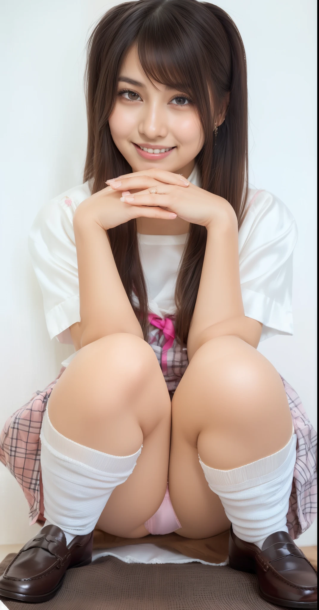 (looking at viewer:1.5),(big smile:1.3),(happy smile:1.3),(extremely beautiful face:1.3),(big eyes:1.3),(double eyelids:1.3),(very long silky hair:1.3),(long eyelashes:1.2), beautiful lips, beautiful eyes, beautiful teeth:1.2),(panties are clearly visible:1.3),(sexy panties:1.1),(realistic silk panties:1.2),(light pink panties:1.2),(detailed panties:1.3),(17 year old girl:1.2),32K,masterpiece, Raw photo, (detailed fingers:1.2),Best Quality, photorealistic, highly detailed CG Unity 32K wallpaper, intricate detailed face, (Ultra detailed skin:1.2) super idol, clear eyes, thick thighs, drooping eyes, ,pink checked skirt, Japanese school uniform, brown loafers, loose socks,