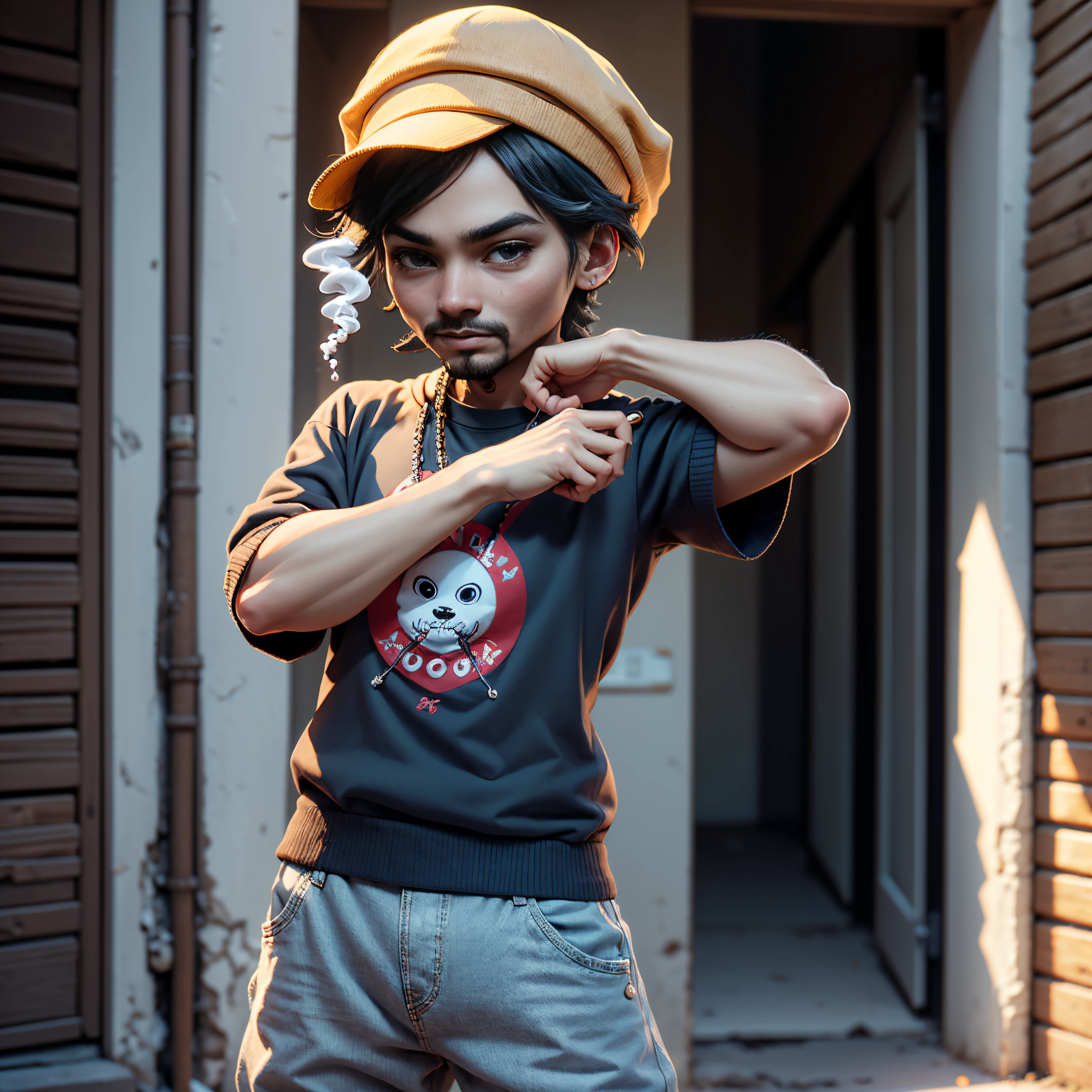 Snoop_Dogg smoke smoking Snoop_Dogg_Chibi Super_style hip_hop dancer bronx 30 years, pele marrom, barba no rosto, Nice Chibi, super estiloso, dedos perfeitos, Cores da roupermelho, branco e preto, street fashion cap}}, "Hip Hop", Doing hip hop pose with your arms, roupa sem estampa, fundo minimalista, Camera vista de frente..................3d