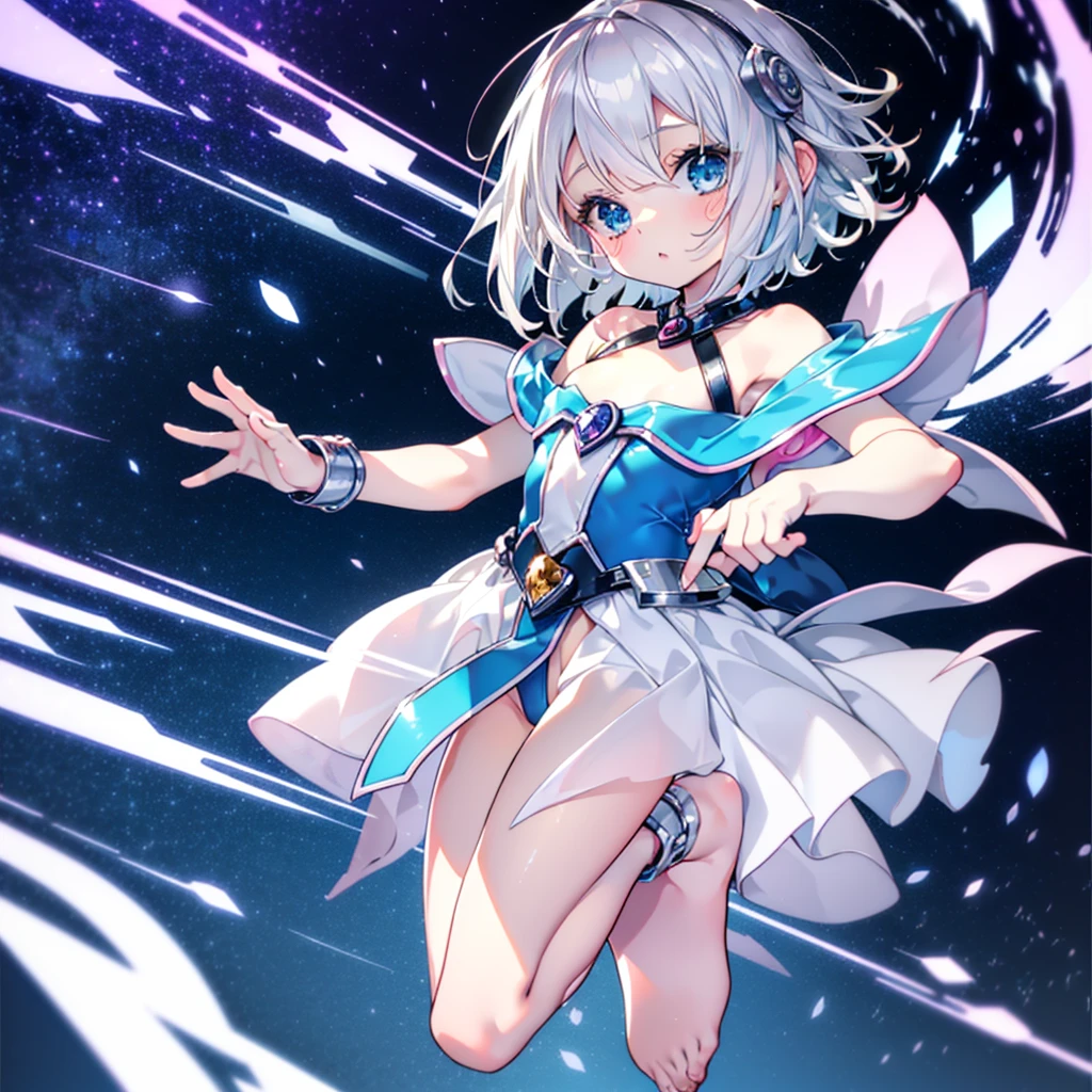 masterpiece,best quality,blue eyes,(Minamiuri),solo, ((flat chest)),full body,((silver short hair)), girl,8k,((kawaii)),good hands,((good fingers))