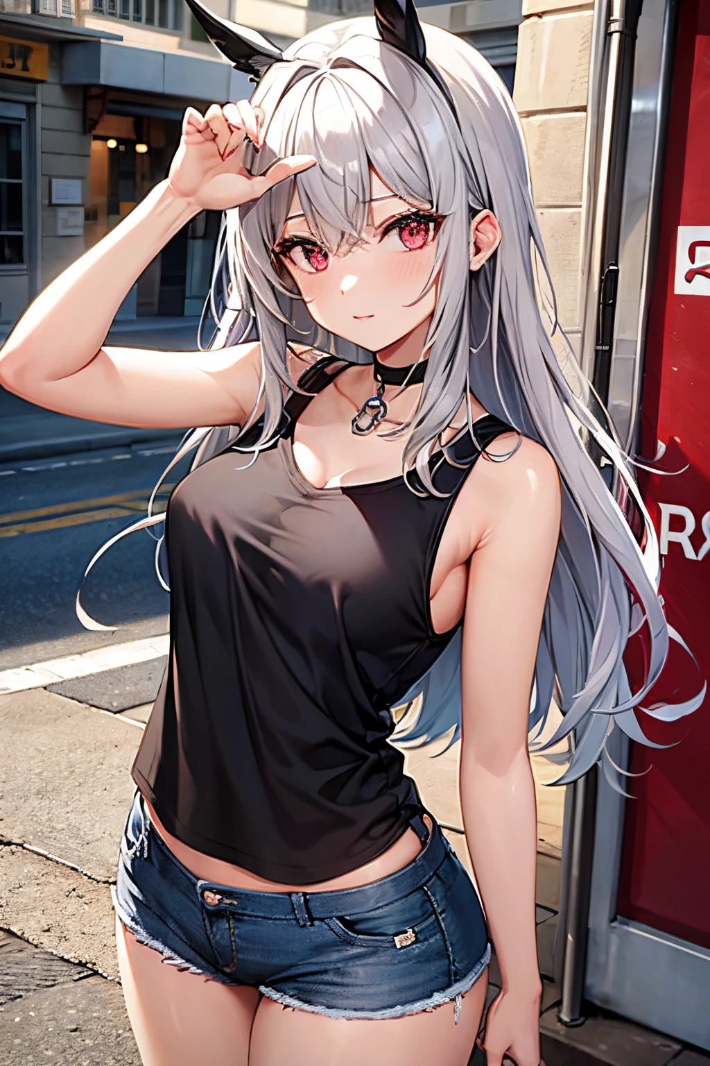 Beautiful gray hair、Beautiful red eyes、Longhaire、Tank tops、shortpants、a choker、Selfie wind、selfee、piece、piece sign