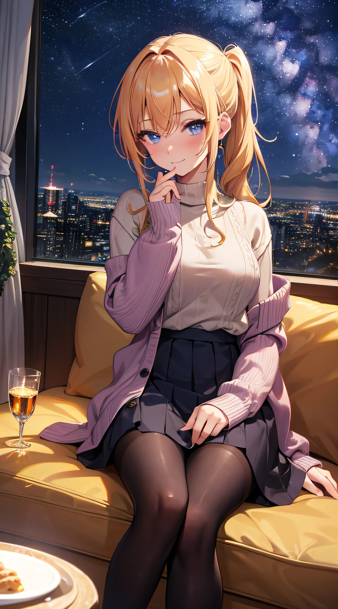 tmasterpiece, 4K,retinas, unbelievable_absurd res, Original, the night, As estrelas, milky ways, beautiful detailed sky, view over city, mature woman, Blonde hair, pony tails, light blush, dark strong blue eye, purplesweater, Red is short_a skirt, black pantyhoses, arms behind the body, looking at viewert, sitting in the couch, Lewd smile,
