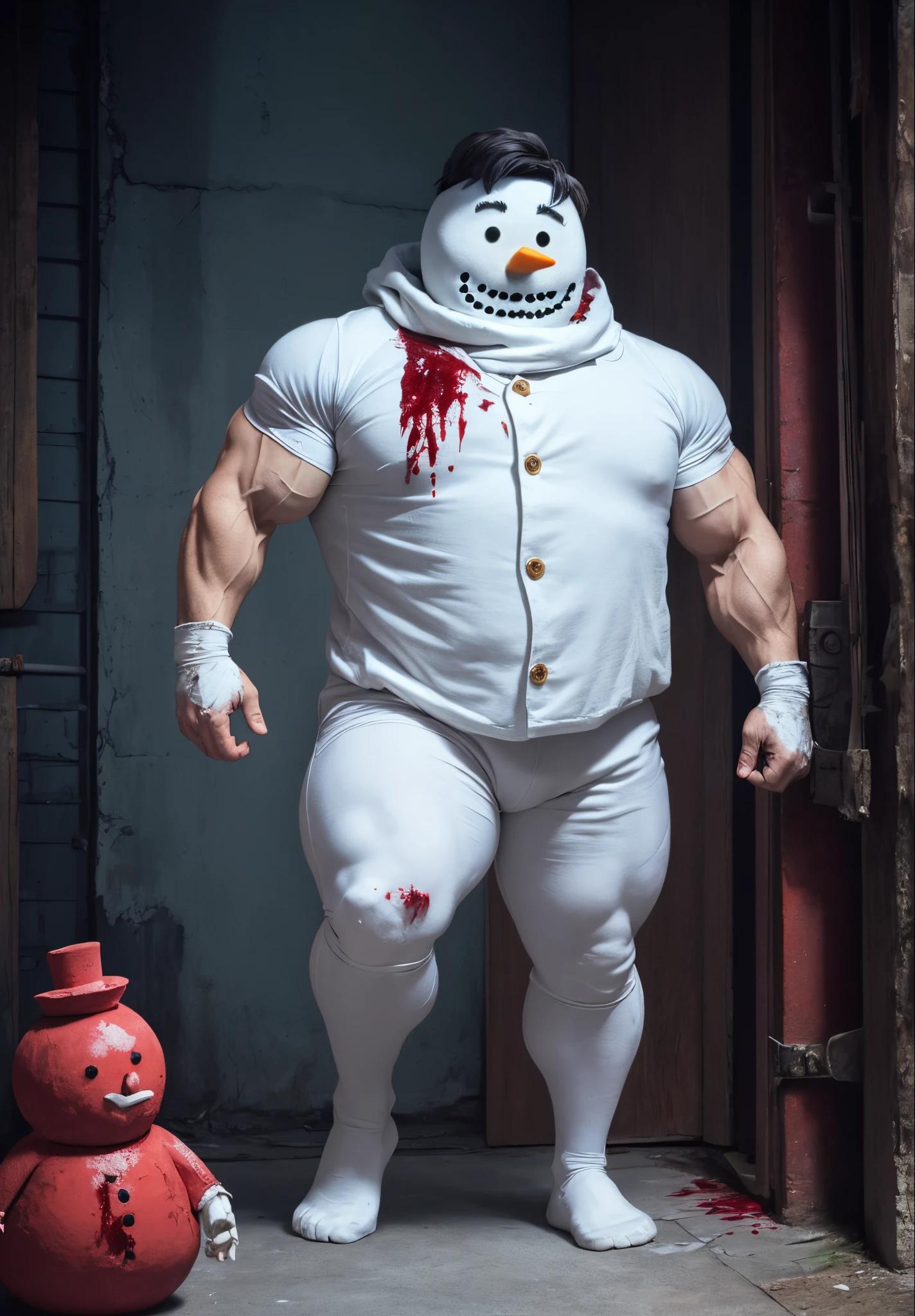 Full body、always bloody、Bloody、Bloody、Top image quality、masterpiece、8K、kook、Strongest、Atrocious、The Monster、killer ghost、wrestler、Musculoskeletal augmentation々、musculature、fear face、snowman human、snowman monster、snowman monster