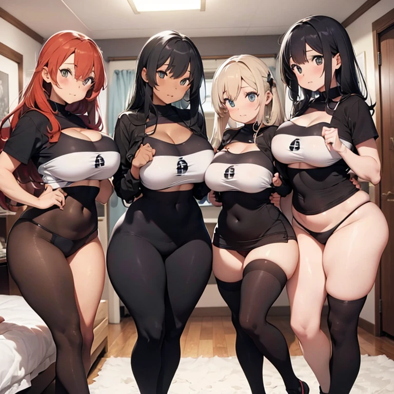 Four hot girls with big tits curvy figures in tight skimpy clothes in a bedroom