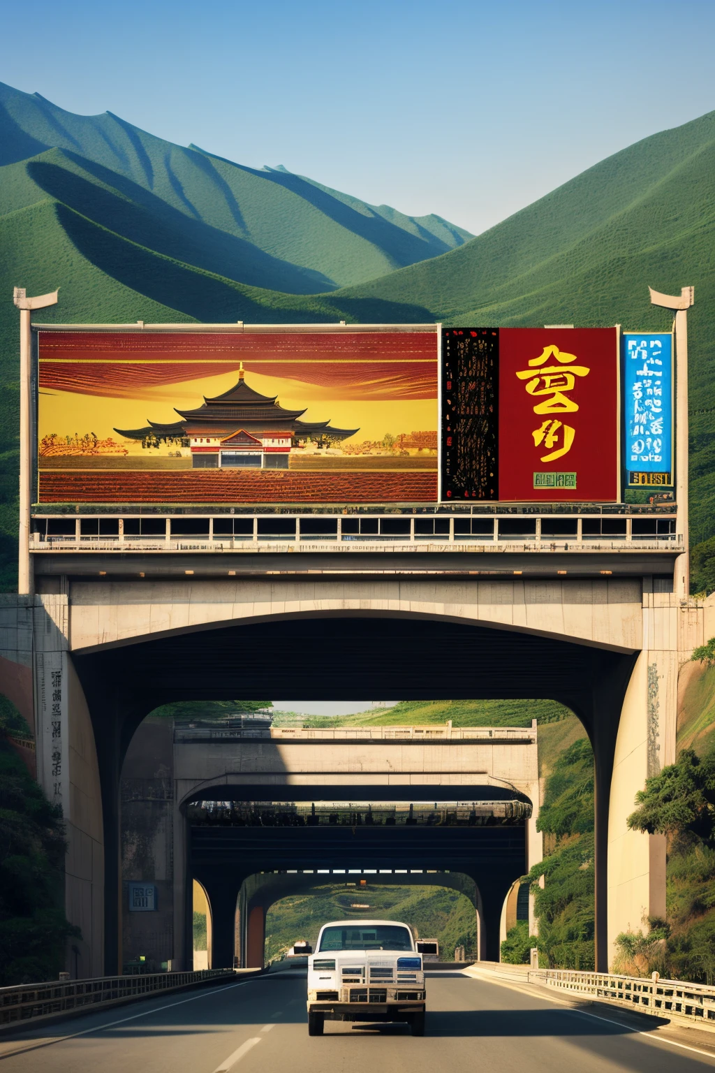 There is a billboard in the middle of the highway bridge，Advertisement facing the camera, Qu Leilei&#39;s poster, Flick, video art, Covered with Chinese ads, Covered with Chinese text, Cinematic Silk Road Scenery, 千 葉 雄 大,  travel ad, Hito Steyer, ads
