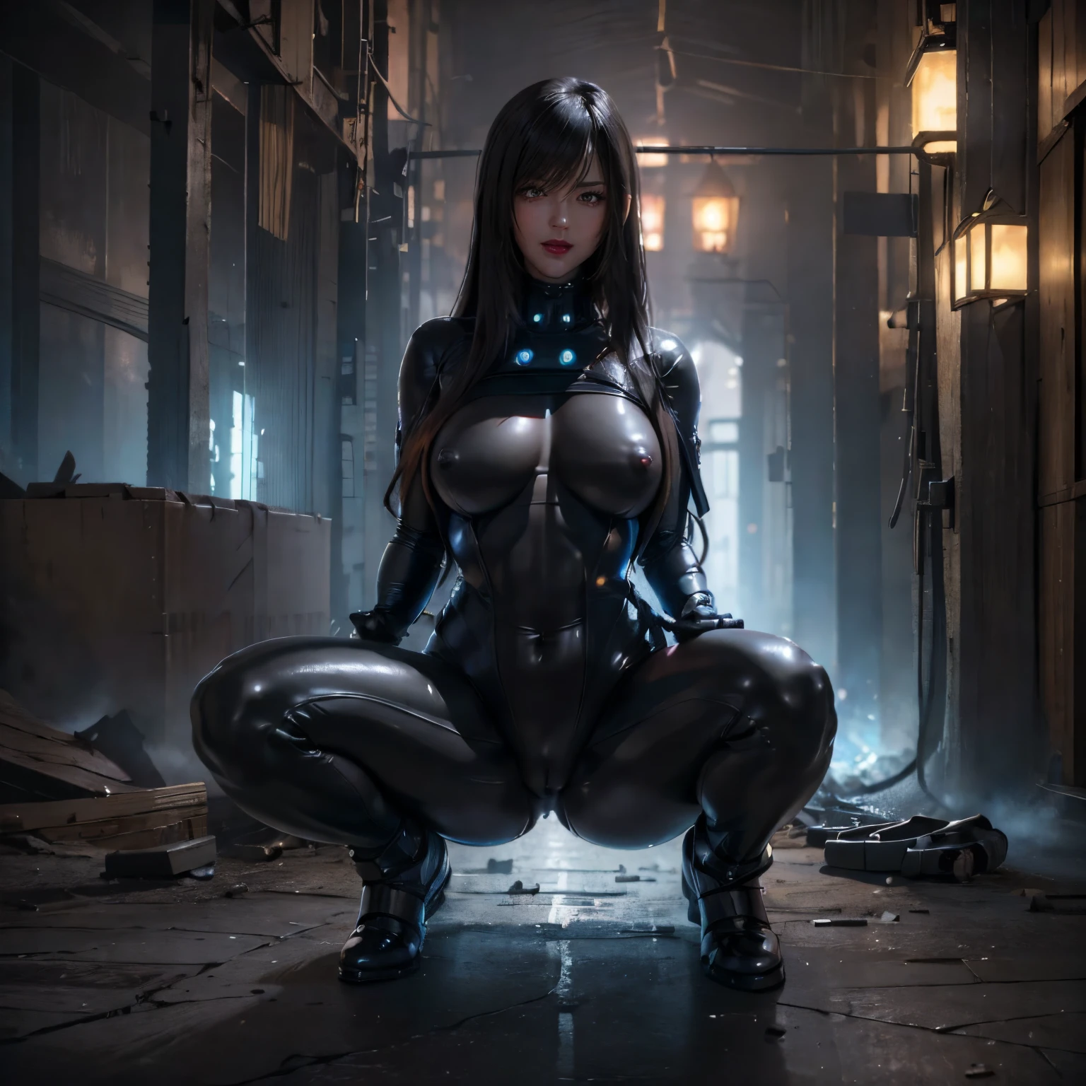 (masterpiece:1.1, Best Quality:1.1, 16K HDR, High resolution), (1girl in, Solo), (Gantz&#39;Reika Shimohira&#39;Ultra realistic portrait with no hair, Long hair, Latex bodysuit, realistic gantz suit, Detailed Gantz Suit, Black bodysuit, long boots, ultra gigantic tits, SuperHuge boobs, ultra gigantic tits, (squat down, Inside the storage room, ruined buildings, Dark atmosphere), (Perfect slim body), hyper derailed face, Detailed eyes, Realistic skin texture, ((flashing tits and nipples)),