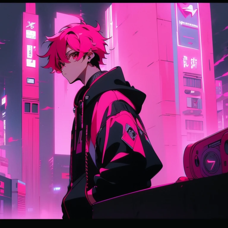(short-cut), (Two-block hair), (vivid pink hair), (male character), (Red Eyes), (Cool pose), (of the highest quality), (masterpiece), (ultra-detailliert), (Oversized hoodies), (headphones), (Street), (neons), (Camera from a down angle), (Modern City), (Neon Daylight), (Cinematic), (Stylish), (hight resolution), (Hyper Detailed), (Looking at the camera), (Anime-style), (Softtown), (nightcore), (a handsome man), (Listening to music), (natural appearance of the building), (casual), (ig studios anime style), (Loose fluffy)