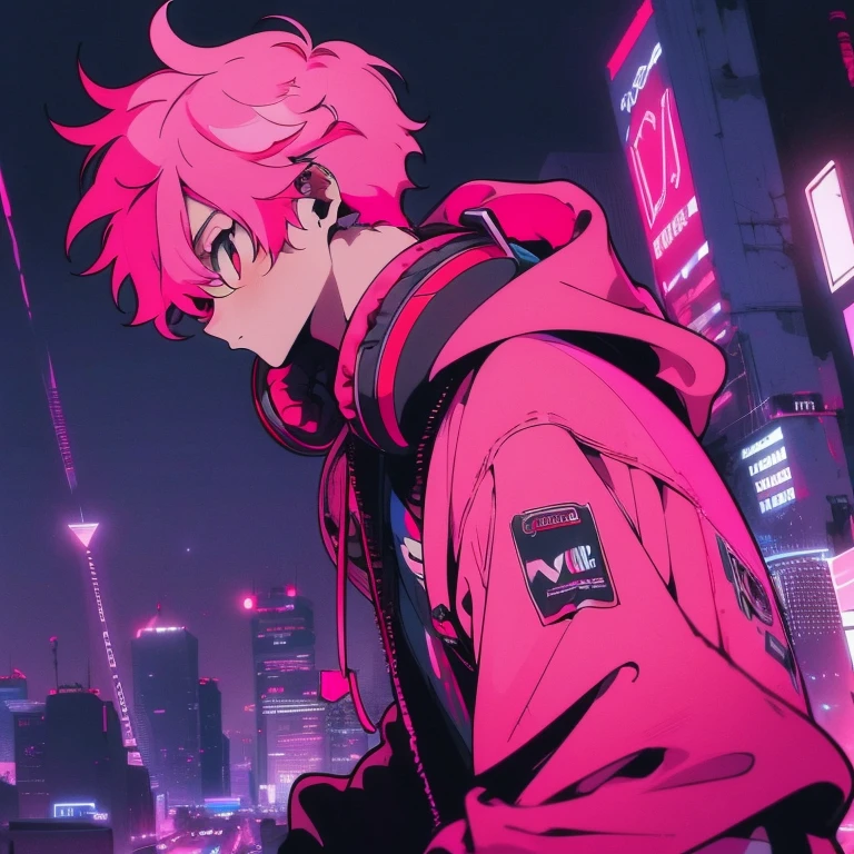 (short-cut), (Two-block hair), (vivid pink hair), (male character), (Red Eyes), (Cool pose), (of the highest quality), (​masterpiece), (ultra-detailliert), (Oversized hoodies), (headphones), (Street), (neons), (Camera from a down angle), (Modern City), (Neon Daylight), (Cinematic), (Stylish), (hight resolution), (Hyper Detailed), (Looking at the camera), (Anime-style), (Softtown), (nightcore), (a handsome man), (Listening to music), (natural appearance of the building), (casual), (ig studios anime style), (Loose fluffy)