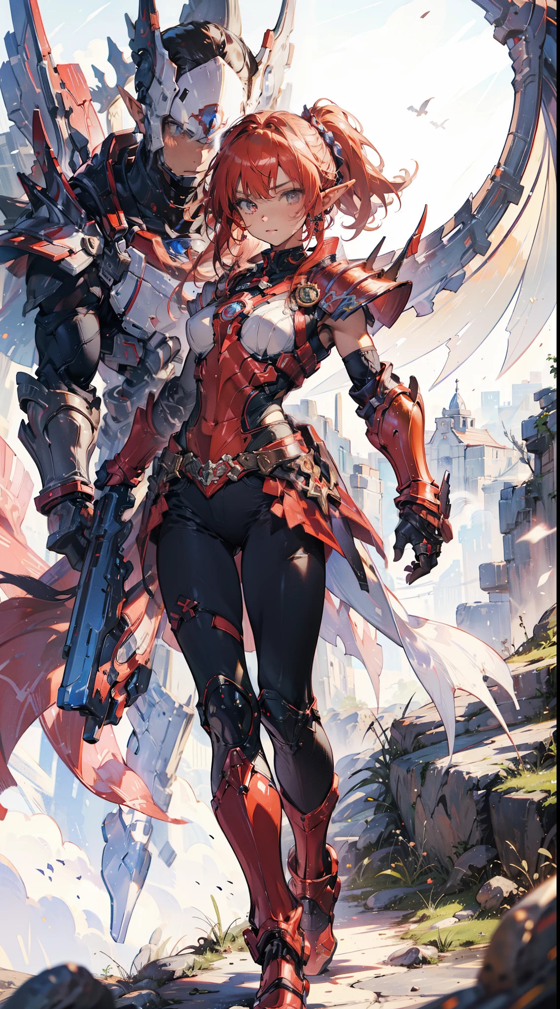 (((masterpiece, best quality))),  (elf), (1girl), solo,  Bangs,  red tinted hair，((White dragoon armor))，long black glovelack pantyhoses，Handsome standing with white boots, art style by Artgerm, by Kawacy, By Yusuke Murata