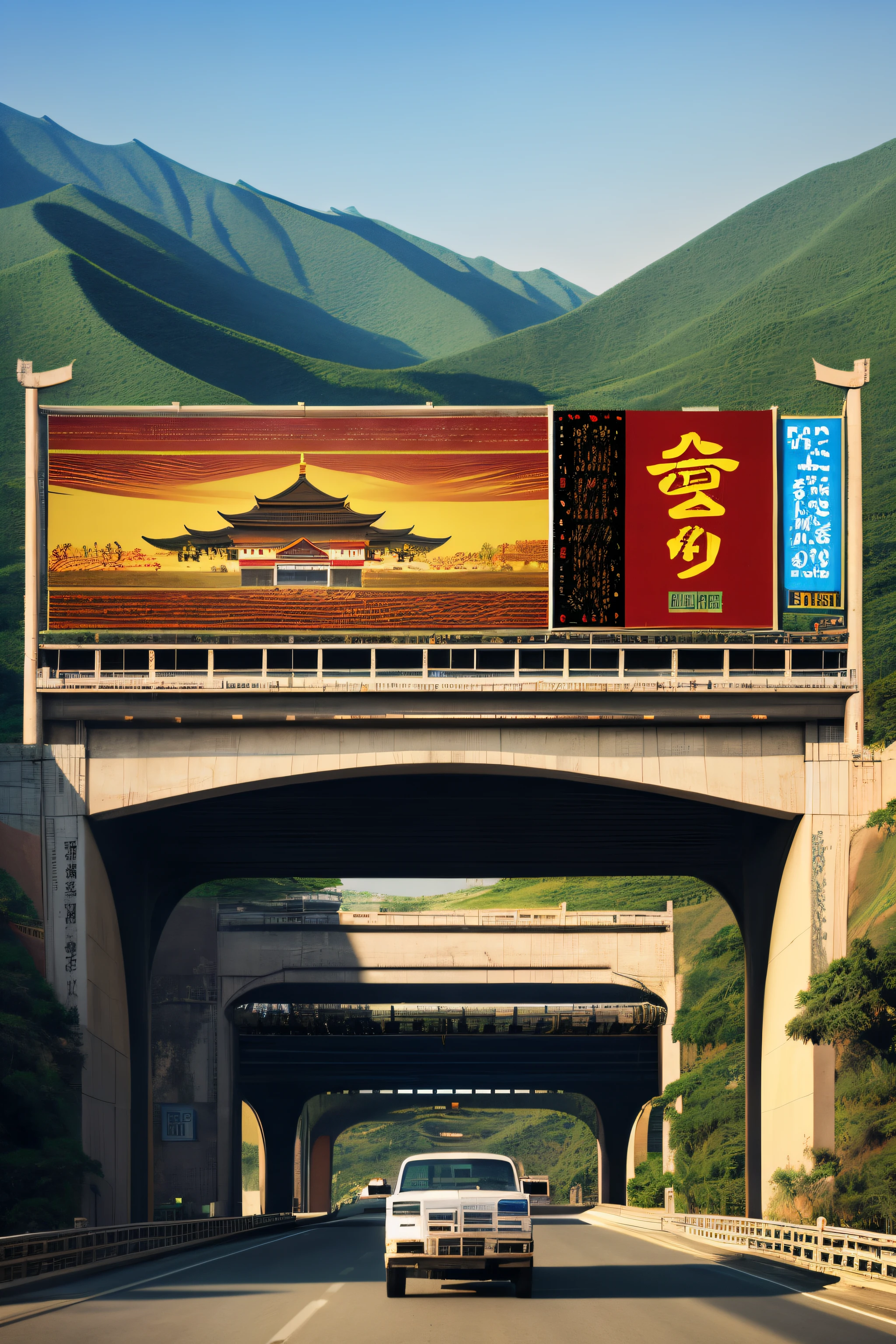 There is a billboard in the middle of the highway bridge,Advertising facing the camera, Qu Leilei'poster for, Flick, video art, Full of Chinese ads, covered with chinese text, Cinema Silk Road landscapes, 千 葉 雄 大, travel ad, Hito Steyer, ads
