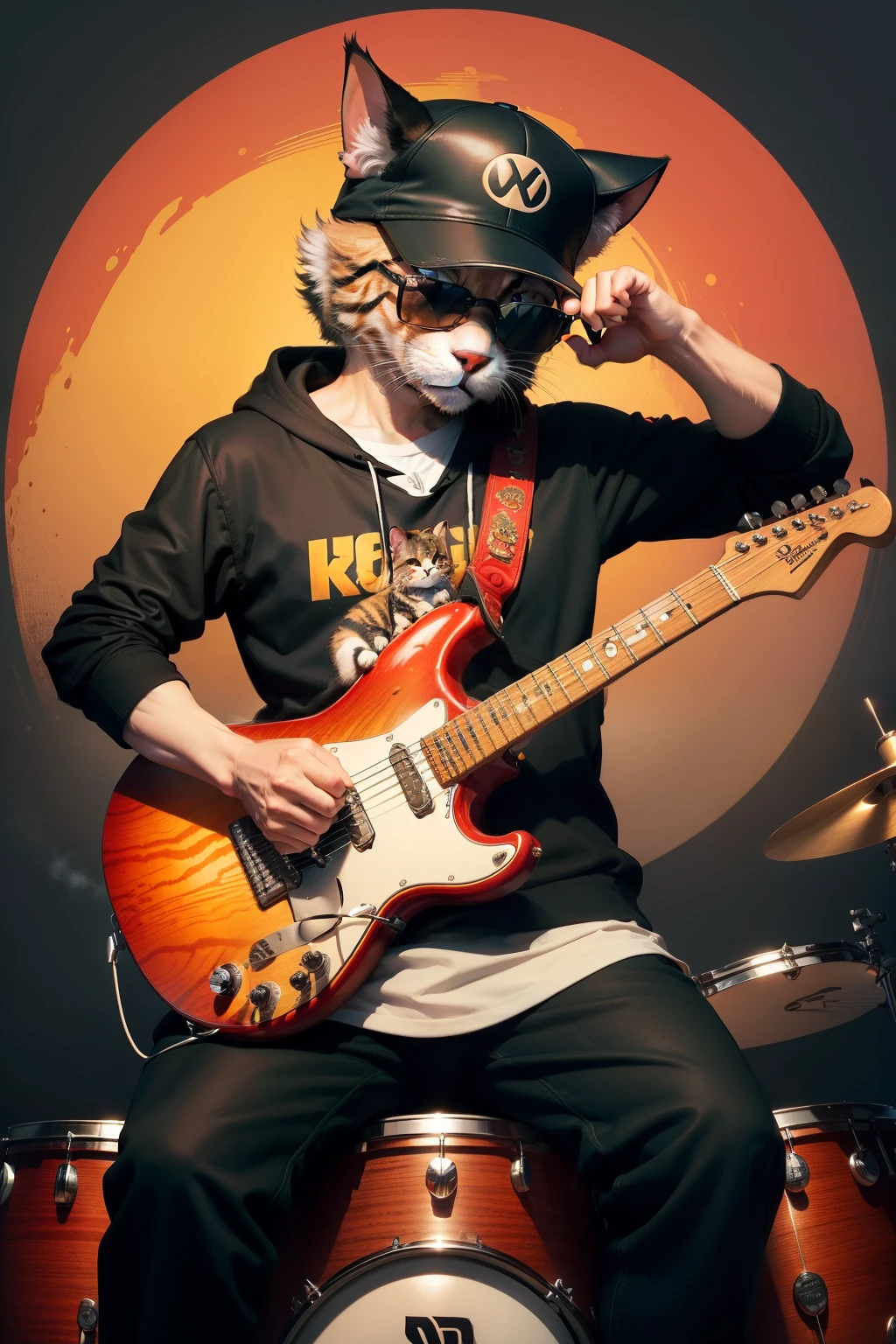 Drawing of cat wearing hat and playing drums, With sunglasses，Cool look，by Muggur, author：Igor Grabar, Taoist paintings, Rock, traditional art, author：Dechiko Uzunov, mouse with drum, !!!! catss!!!!, Scotty is still young, mouse grip drum, Cat in a hat, drummer, furry artist, album covers,，16K resolution， author：Mario Dubsky