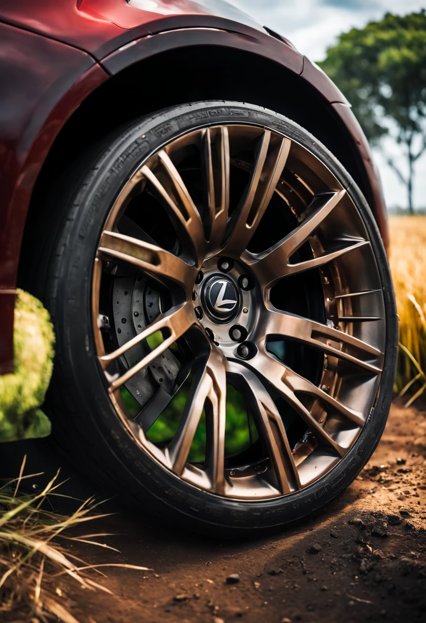 A Close Up Shot of A Lexus M350, wide body, flushed fitment wheels, taking in (Sony A7RIII 50mm focal length), (f5.6 aperture), (1/80 shutter speed), (bokeh), Speeding through long dusty winding roads, paddy fields, motion blur, unobtrusive, realistic, details sky, majestic, 8K HD
