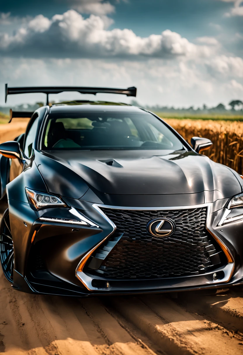 A Close Up Shot of A Lexus M350, wide body, flushed fitment wheels, taking in (Sony A7RIII 50mm focal length), (f5.6 aperture), (1/80 shutter speed), (bokeh), Speeding through long dusty winding roads, paddy fields, motion blur, unobtrusive, realistic, details sky, majestic, 8K HD