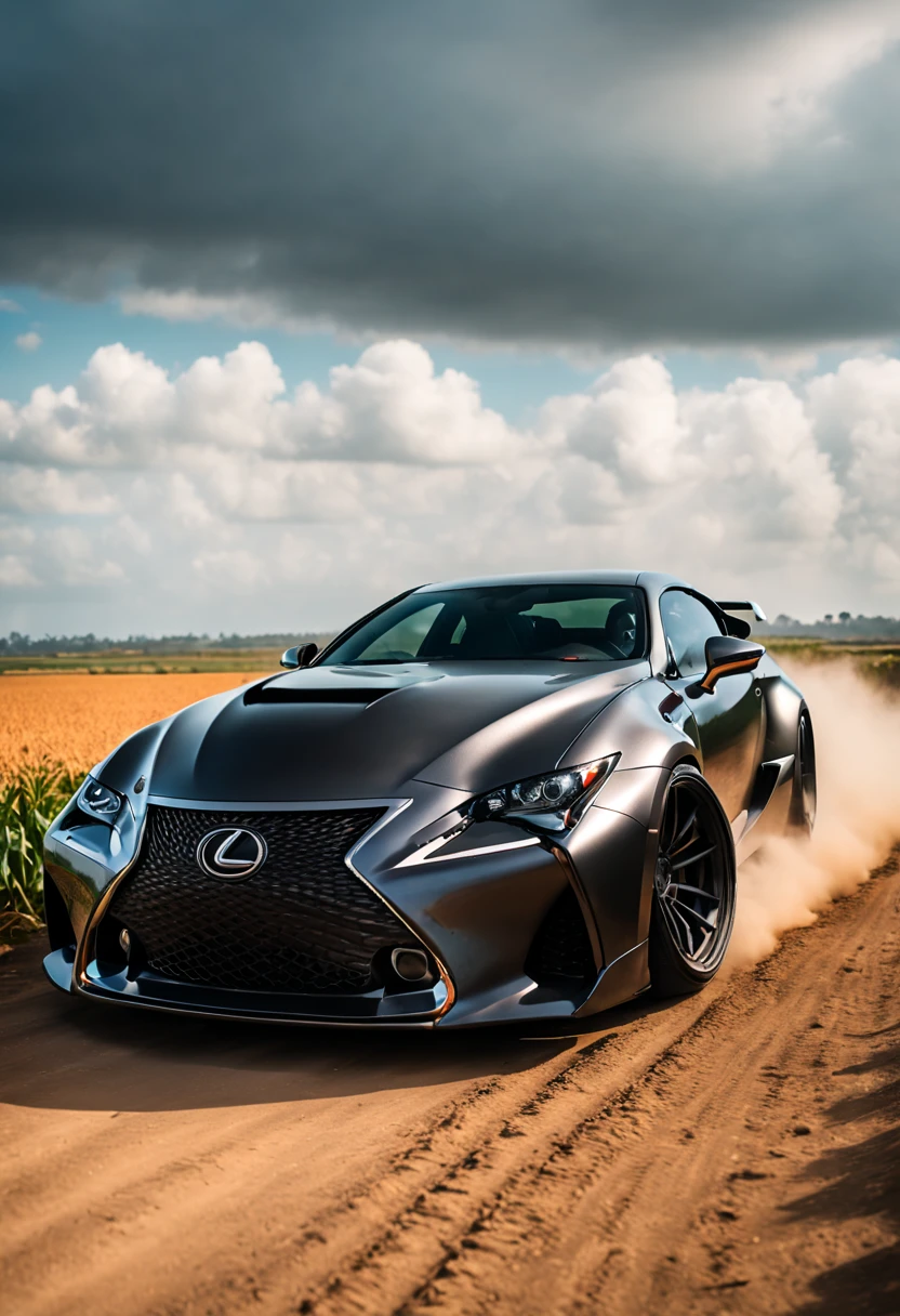 A Close Up Shot of A Lexus M350, wide body, flushed fitment wheels, taking in (Sony A7RIII 50mm focal length), (f5.6 aperture), (1/80 shutter speed), (bokeh), Speeding through long dusty winding roads, paddy fields, motion blur, unobtrusive, realistic, details sky, majestic, 8K HD