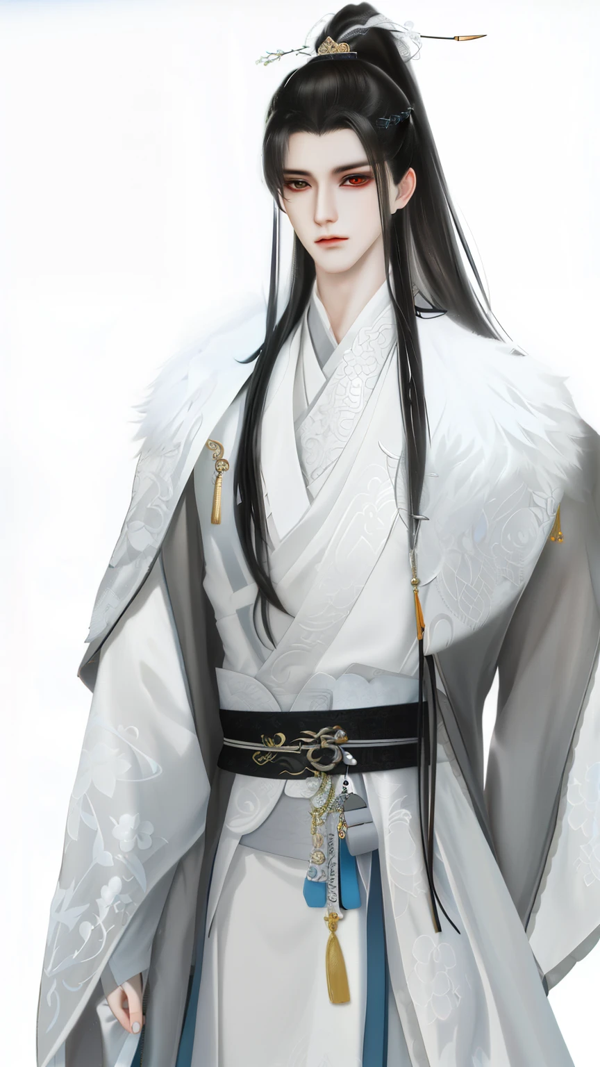 Wallpaper of a man wearing white and gray clothes, heise jinyao, inspired by Guan Daosheng, Inspired by Bian Shoumin, Beautiful prince, inspired by Zhang Han, The exquisite prince, inspired by Wu Bin, full body xianxia, author:heroes, zhao yun, inspired by Zhao Yuan,Gray mink collar,Eye focus,sharp look,white backgrounid,