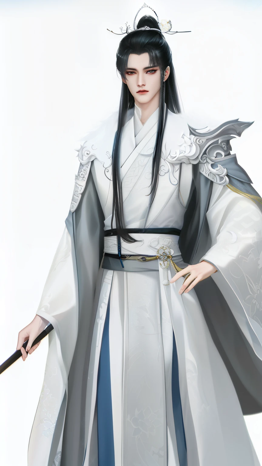 Wallpaper of a man wearing white and gray clothes, heise jinyao, inspired by Guan Daosheng, Inspired by Bian Shoumin, Beautiful prince, inspired by Zhang Han, The exquisite prince, inspired by Wu Bin, full body xianxia, author:heroes, zhao yun, inspired by Zhao Yuan,Gray mink collar,Eye focus,sharp look,white backgrounid,