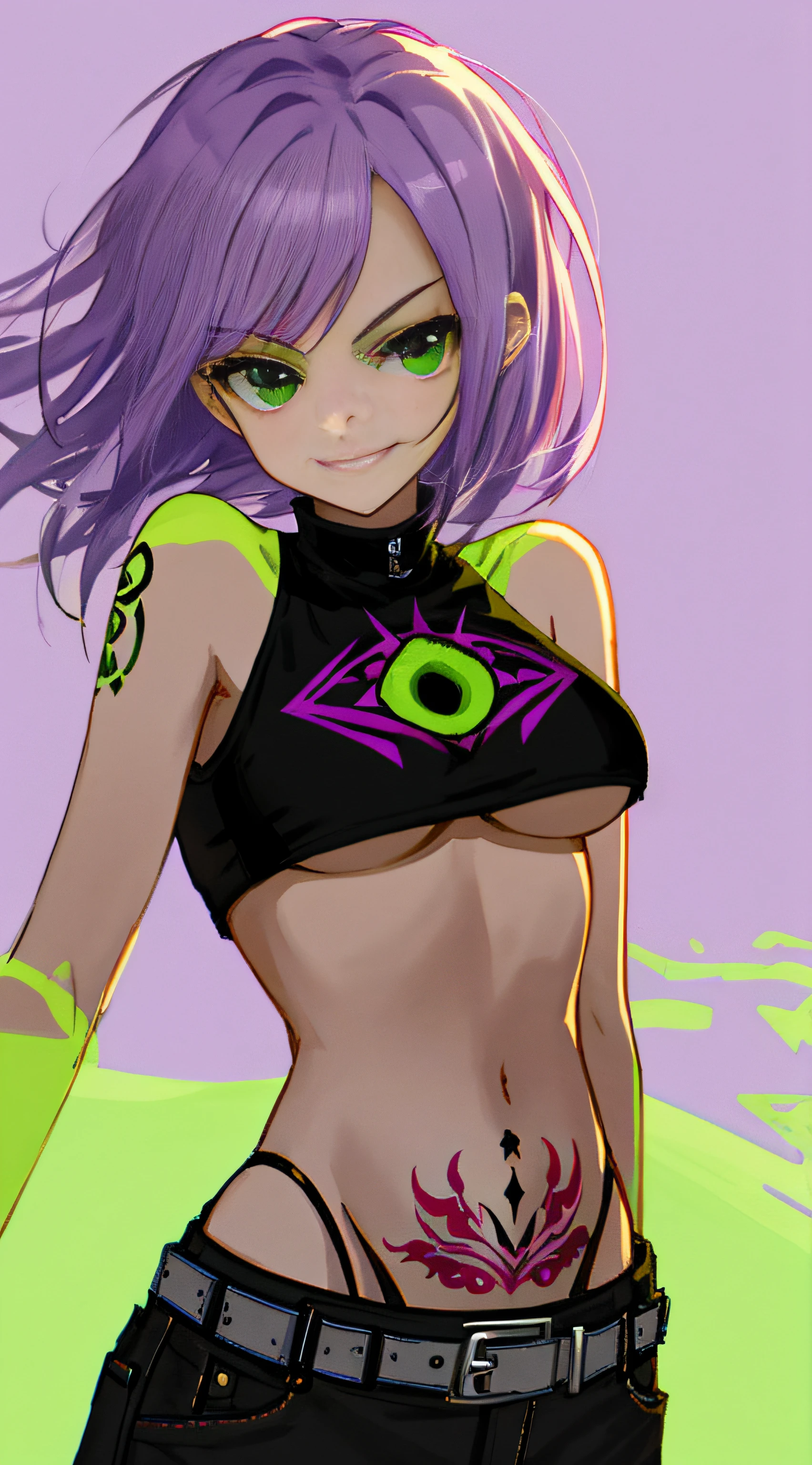 young girl, long light purple hair, green eyes, inner sideboob, open belly tattoo, inocent, smirk, punk clothes, masterpiece, high quality, background