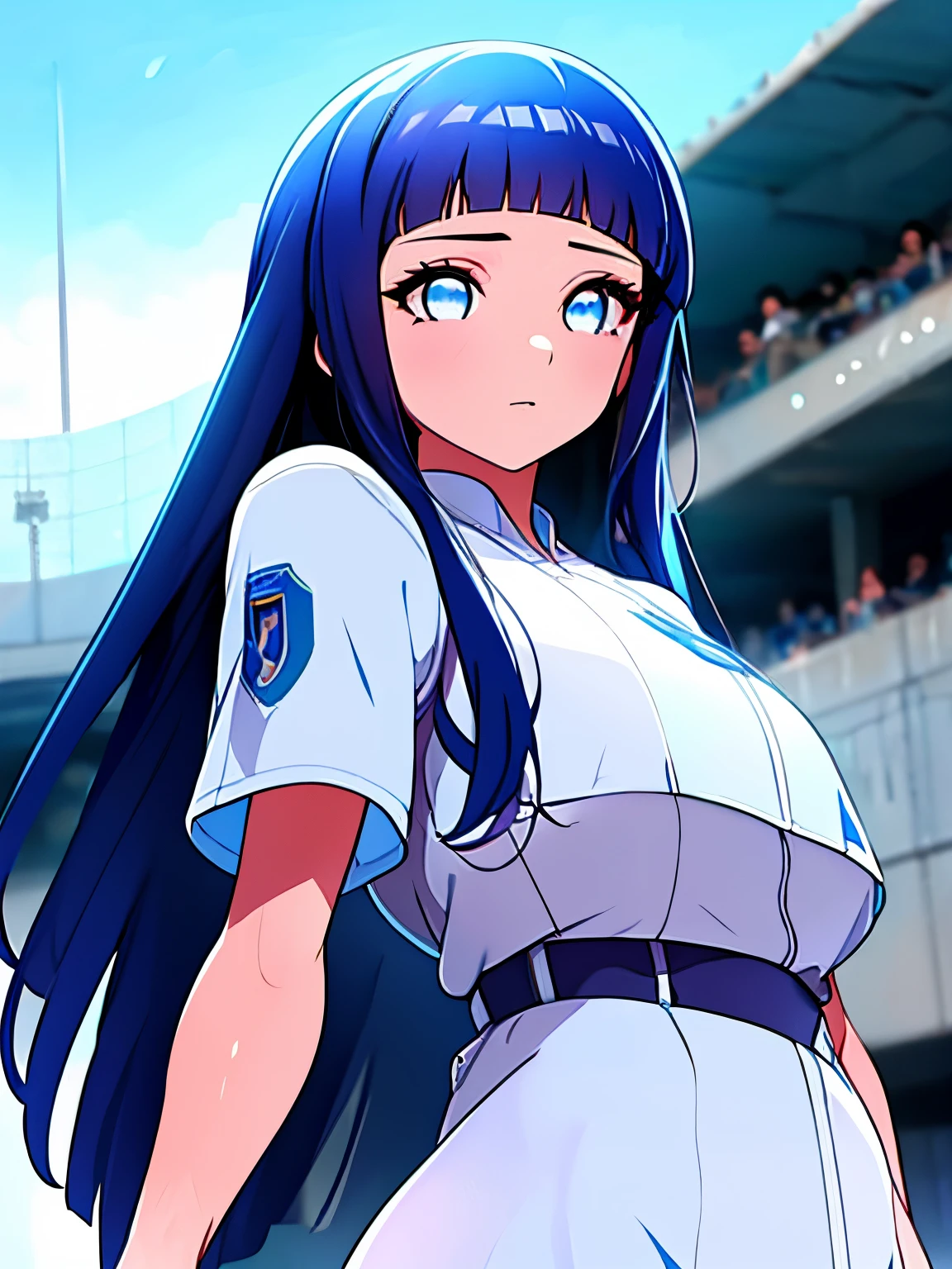 una chica de cabello azul, ojos blancos, cabello largo, pelo color azul, exelente cuerpo, anatomia perfecta, jugando futbol, usando la jersey del napoles, en un estadio de futbol, jersey color azul, equipacion del napoles fc,