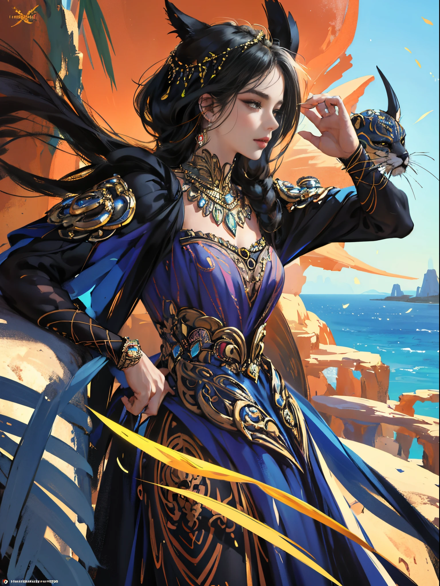 Black panther motif、Vibrant colors、((masterpiece)))、(((top-quality)))、((ultra-detailliert))、(A hyper-realistic)、(highly detailed CGillustration)、Official art、Land of Africa、Hope peak、gorgeous、elegance、Exoticism、Brown-skinned、Black Beauty、Masquerade、sophisticated menegance、Gorgeous、Colorful and detailed mask design、matchless beauty、Fans、Sparkling Jewelry、female solo、Perfect Angle、perfect-composition、