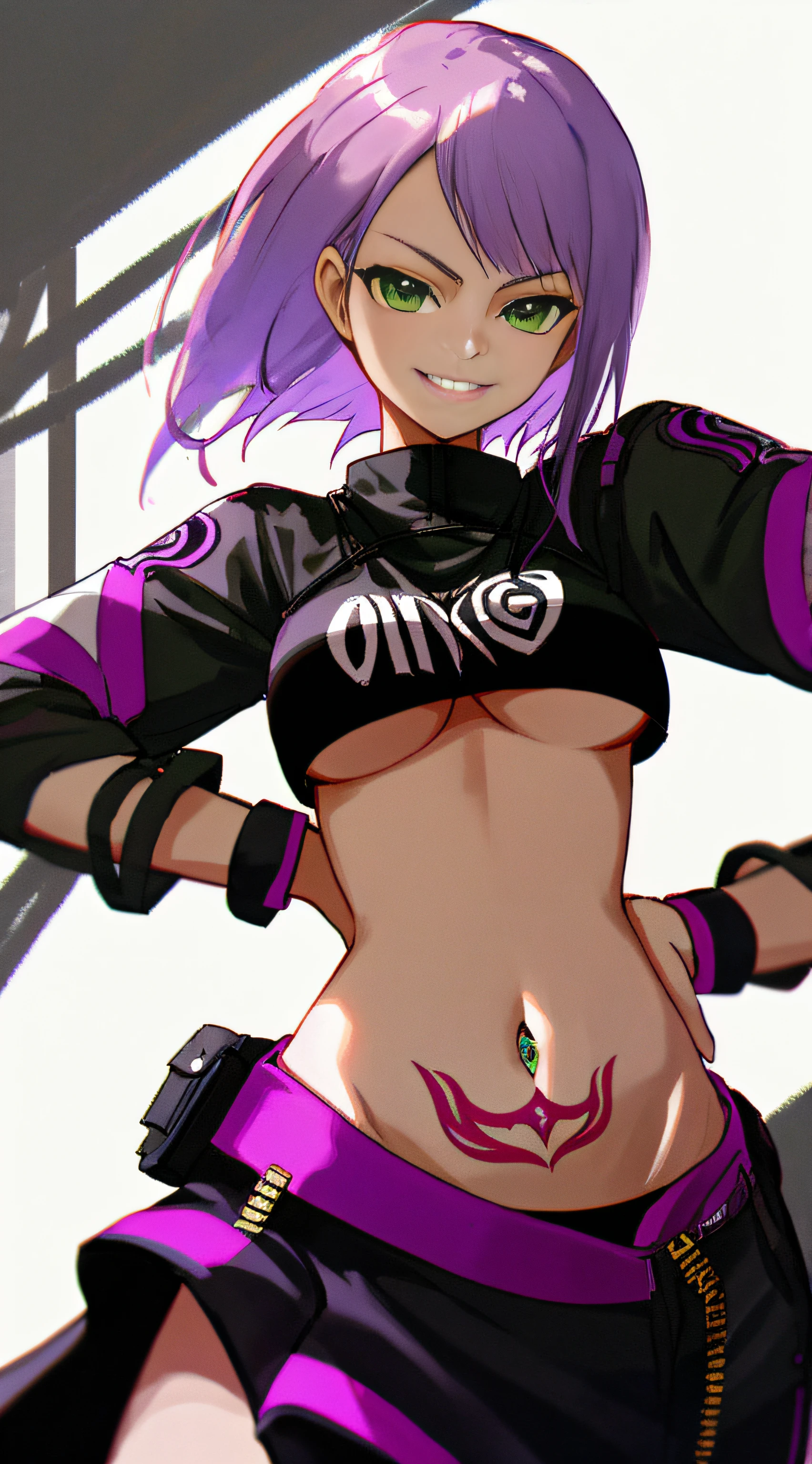 young girl, long light purple hair, green eyes, inner sideboob, open belly tattoo, inocent, smirk, punk clothes, masterpiece, high quality, background
