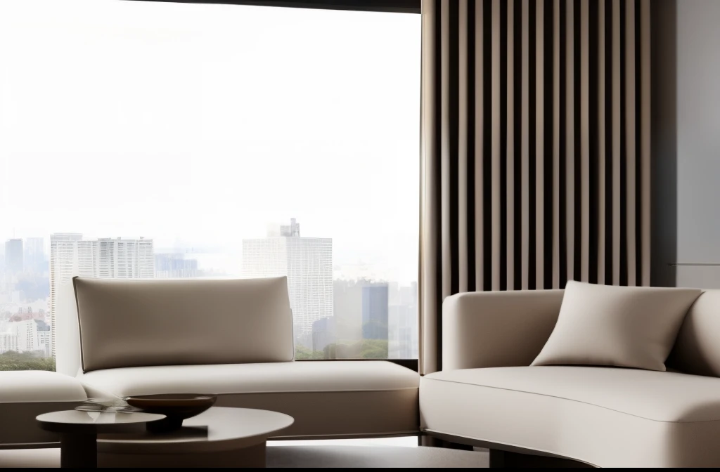 Floor-to-ceiling large windows,Venetian blinds on the windows,Outside the window is a cityscape,Brown sofa in living room,Greenery,tea table