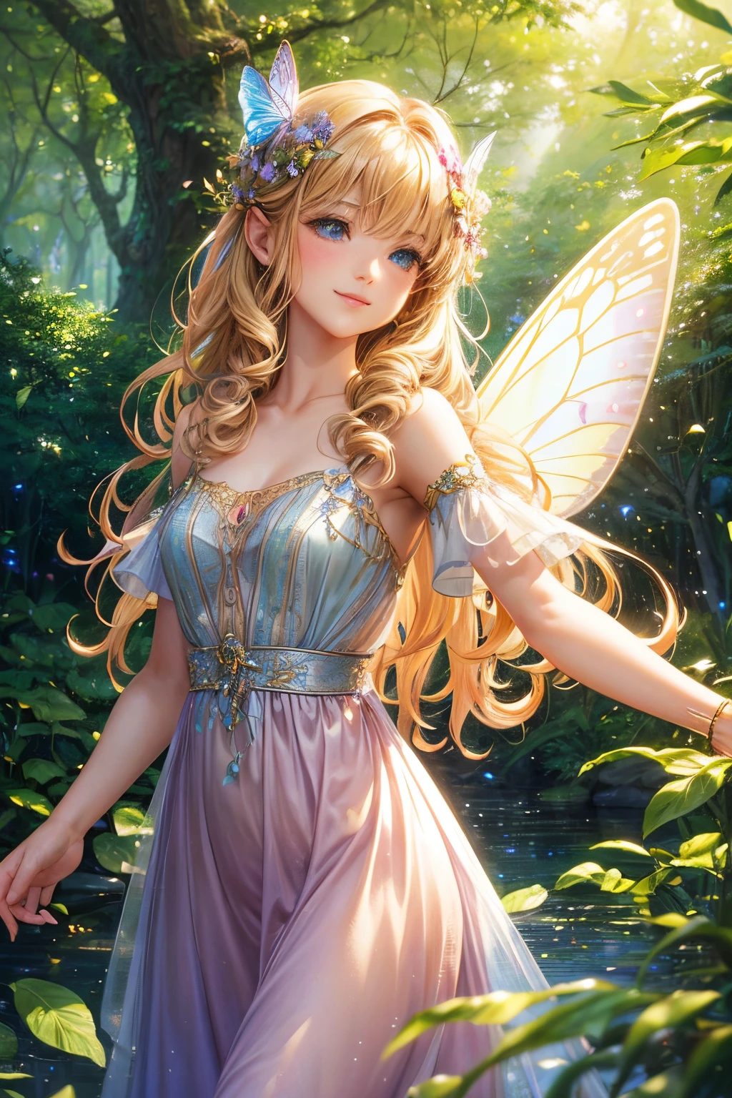 (Masterpiece) 8K resolution, fairy queen, titania, beauty frolicking with fairies, blonde long hair with floral decoration, hazel eyes, turquoise eyes, gentle smile, model style, fantasy style,