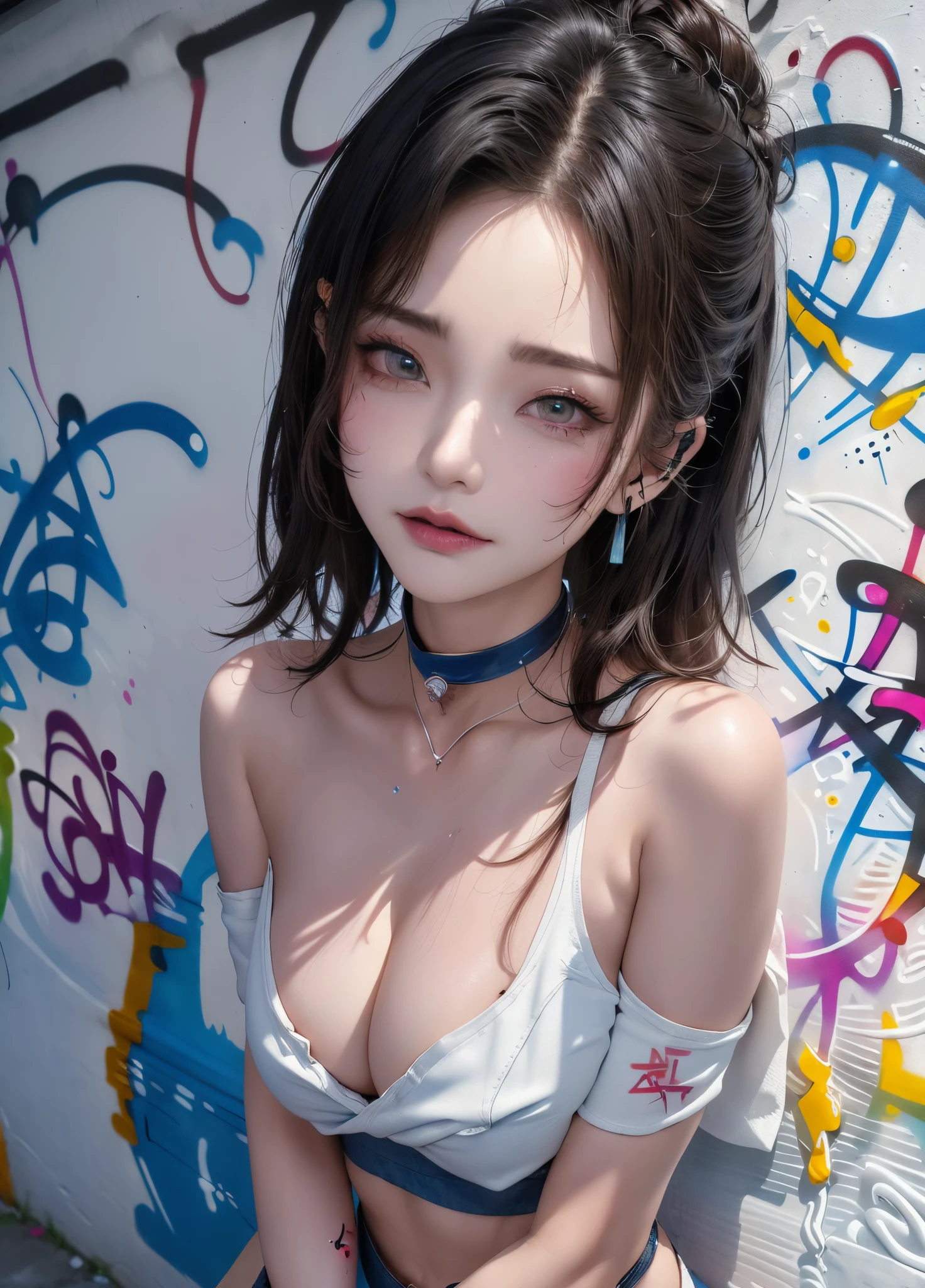 tmasterpiece， Best quality at best， 独奏， short crop top， denim short， choker necklace， （scribbles：1.5）， paint splatter， place one's arms behind one's back， against a wall， looking at viewert， armlets， thigh band， Paint on the body， tilt of the head， having fun， Hair color， Water-colored eyes， Earphone，(graffiti wall:1.5)
