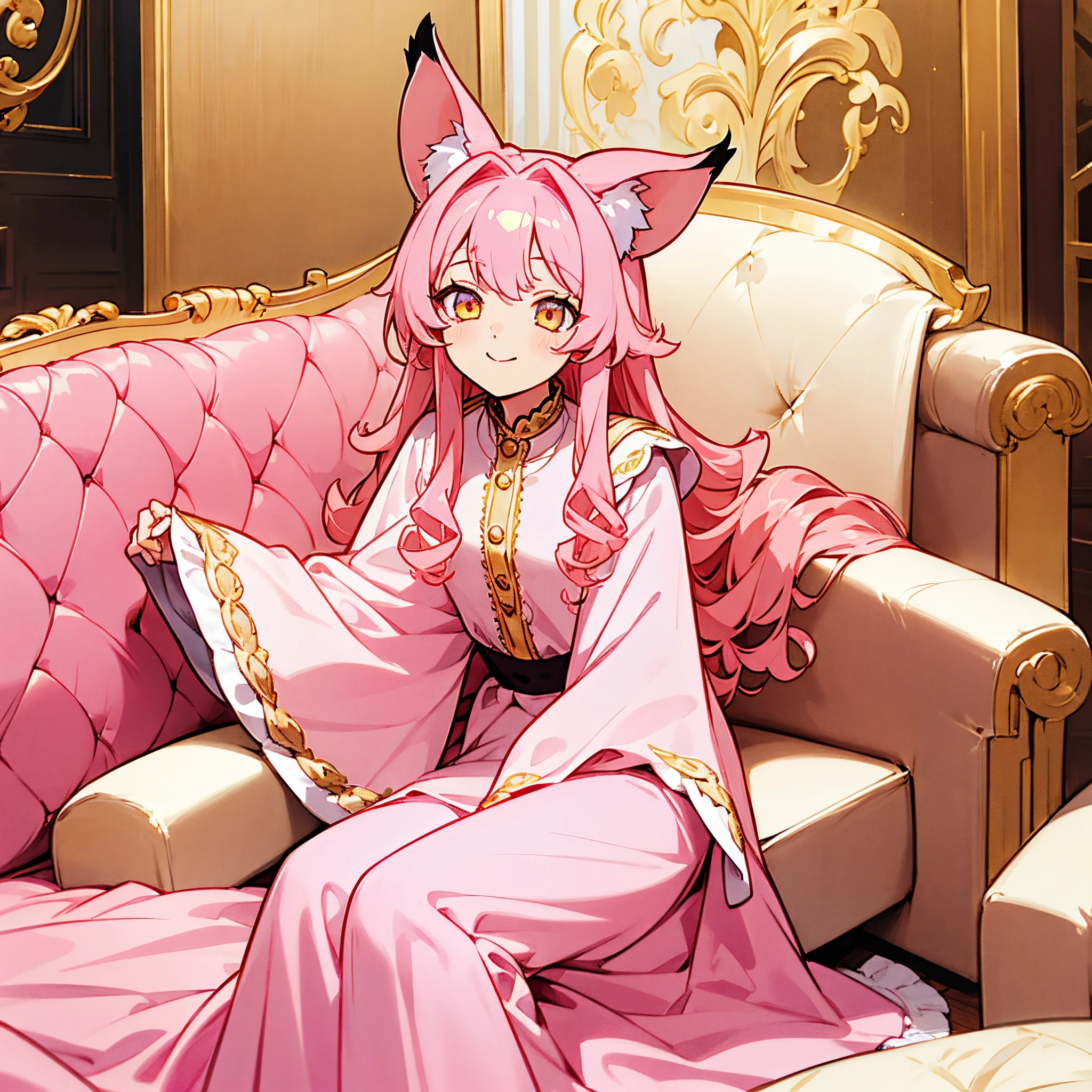 girl with、Golden eyes、hyena ears、Light pink hair、length hair、Goth **** clothes、inside in room、On the sofa、Smile、Golden Eyes、Pink hair、straight haired、Gold Eyes、maid clothes、loose curly hair