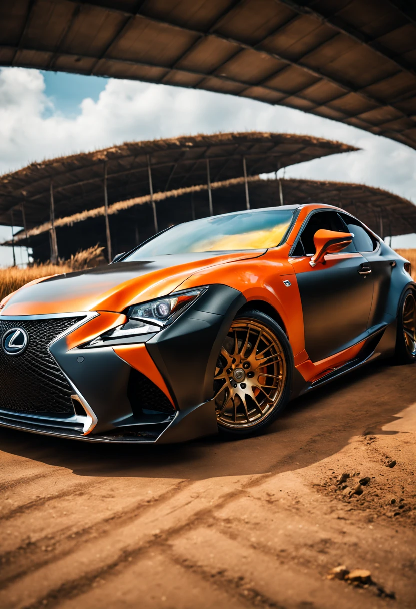 A Close Up Shot of A Lexus M350, wide body, flushed fitment wheels, taking in (Sony A7RIII 18mm focal length), (f5.6 aperture), (1/80 shutter speed), (bokeh), Speeding through long dusty winding roads, paddy fields, motion blur, unobtrusive, realistic, details sky, majestic, 8K HD