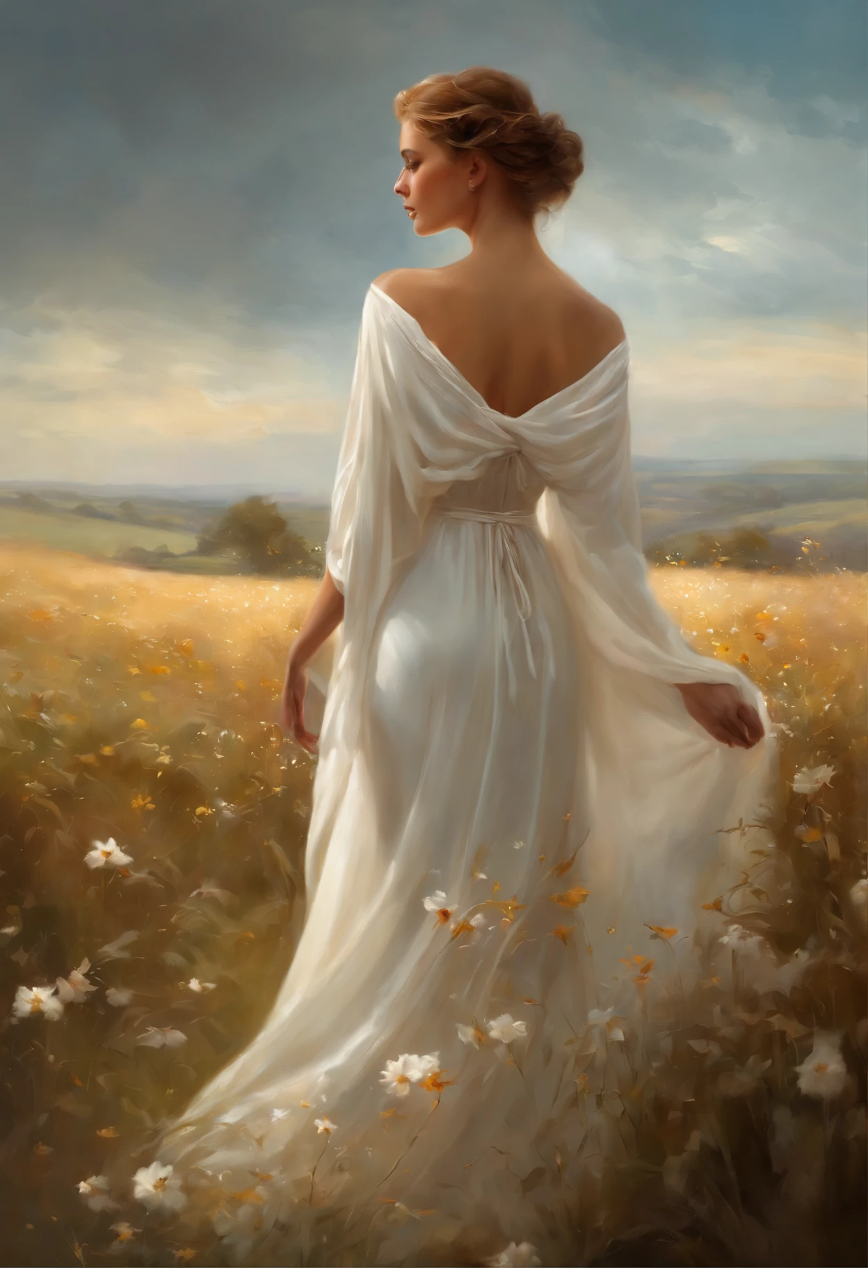 a painting: a woman in a white dress, standing in the field., The Art of Édouard Bisson, Beautiful Maiden, Unearthly beauty, beautiful fantasy art, rob rey, a stunning portrait of a goddess, a stunning young ethereal figure, elegant cinematic fantasy art, Goddess in the Field of Flowers, beautiful goddess, ethereal glow, beautiful fantasy maiden, beautiful fantasy art portrait