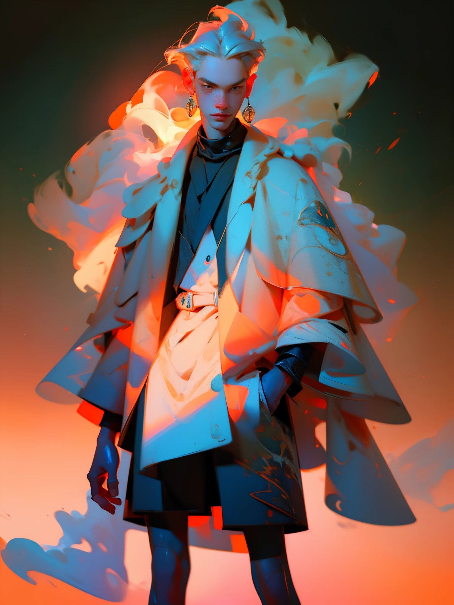 Man wearing trendy clothes, in an abstract oil painting style, fashion show, The painting is ultra-high detailed and has a resolution of 8k, showcasing the best quality and craftsmanship. The background is colorful, with a touch of fog and mist, creating a mysterious atmosphere. There is a subtle lens flare effect, adding a dynamic element to the artwork. This painting aims to be reminiscent of luxury brand advertising, showcasing the beauty and elegance of the fashion world.