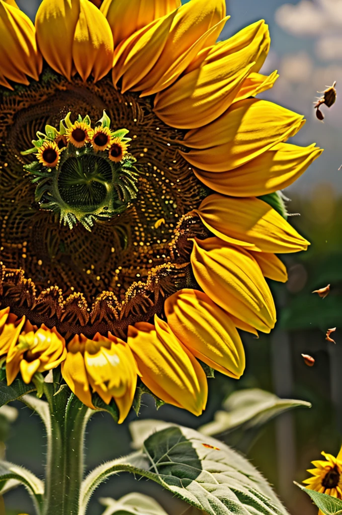 (close_up of sunflower blossoms Blooming:1.4), petals falling, swirling vortexes, ethereal, octane render, enhance, intricate, (best quality, masterpiece, Representative work, official art, Professional, unity 8k wallpaper:1.3)