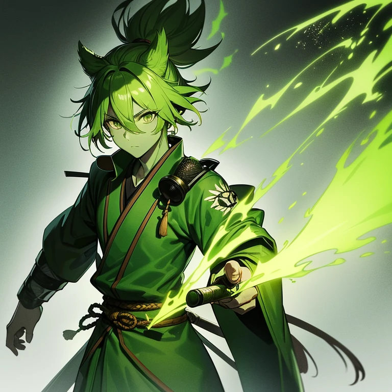 A green spirit samurai with green skin floating with green fog in the background