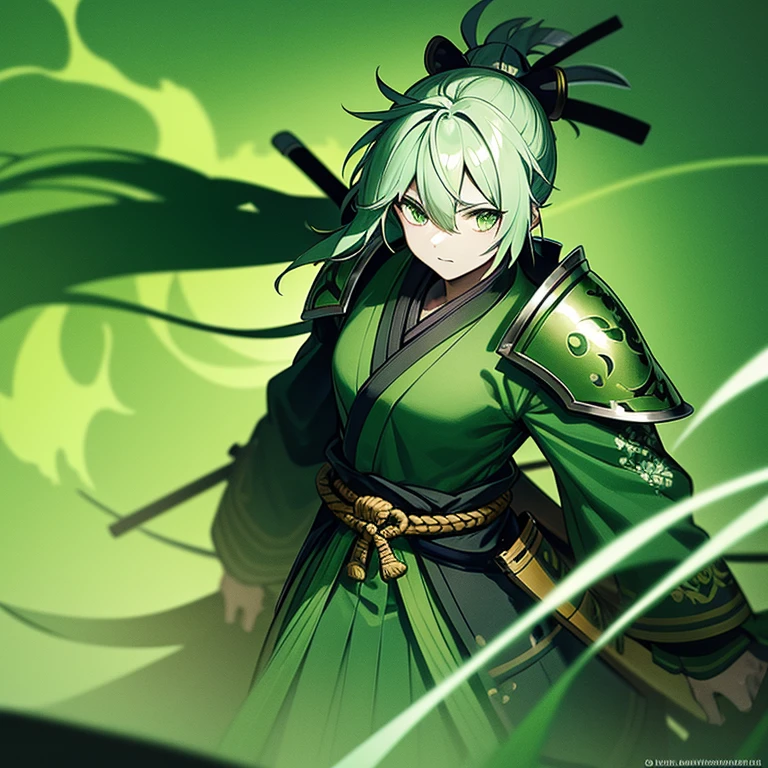 A green spirit samurai with green skin floating with green fog in the background