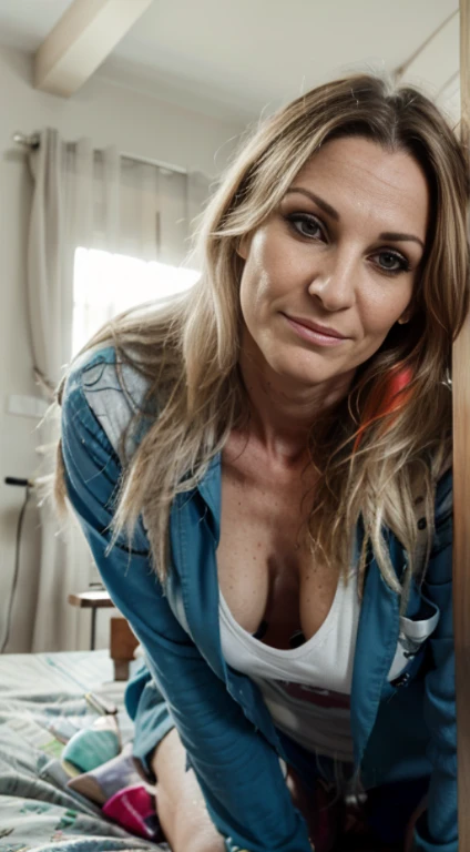 editorial photograph of a woman, age 45, Marija, messy long blonde wavy hair, windblown hair, grey green eyes, long eyelashes, pleasure mouth, (accurate lora face: 1.2), (highly detailed face:1.4), large breasts, pubic hair, long legs, soft light from above, private study:1.OV, by lee jeffries, nikon d850, film stock photograph, camera f1.6 lens ,rich colors, hyper realistic, lifelike texture, full body, looking at viewer, blue pajamas, Room details, detailed pajamas, sorrindo, lying on the bed,