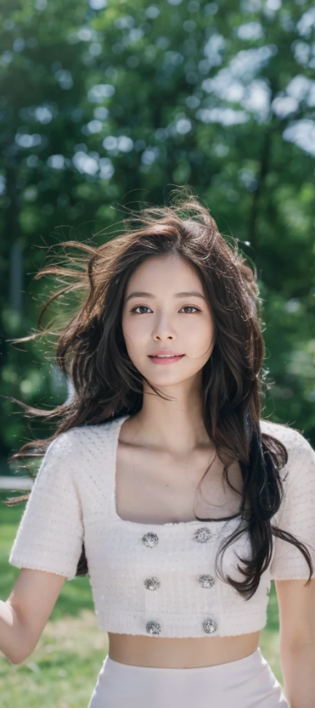 (On a table, Best quality, realistically, ultra - detailed, meticuloso, A high resolution, 8k wallpaper), Close-up portrait of a beautiful woman, Chariada, Smiling, light brown messy hair, Perfect dynamic composition, 美丽meticuloso的眼睛, Just like the cover of a fashion magazine, On campus