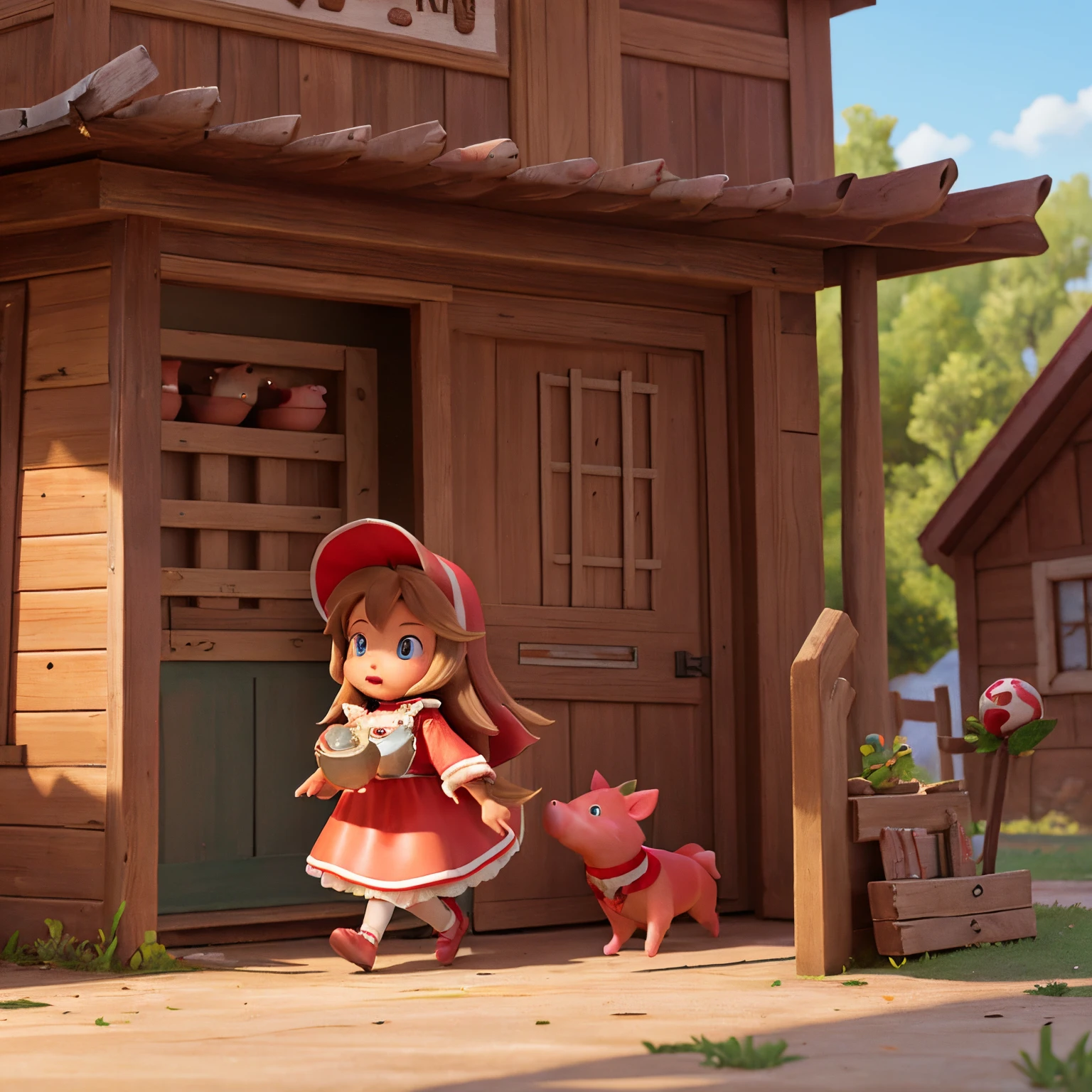 The Little Pig rescues Little Red Riding Hood. The Little Pig and the Wolf fight fiercely., In the end, the chick pig defeated the wolf.. Chick Pig rescues Little Red Riding Hood, We went back to grandma's house together..