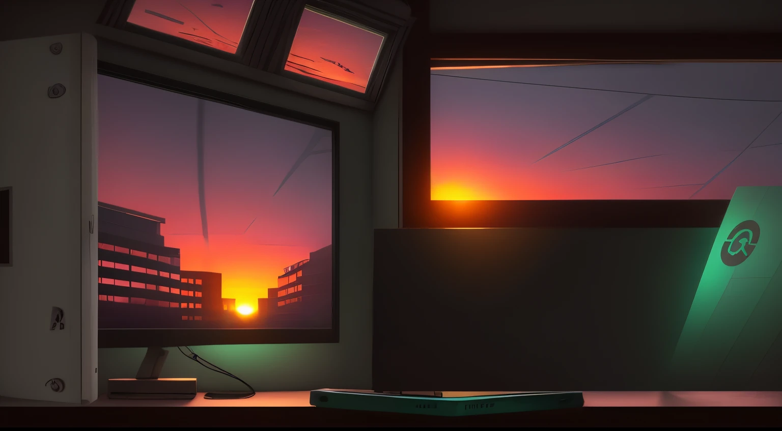 hacker's workplace, hacker's office. There is a window, outside the window there is sunset.