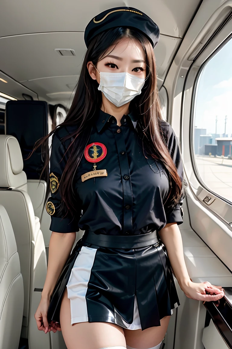 masterpiece, high-detail, the most erotic airline stewardess in the world, (UHD, 8K wallpaper, High resolution), Cinematic lighting, physically-based rendering, award-winning, extremely detailed skin, extra detailed face, high detail eyes, Carl Zeiss 85 mm F/1.4, by Ellen von Unwerth, asian, covid mask, age 26, long black hair, medium boobs, camel toe, legs open, stockings, covid mask, (pvc covid mask), (red biohazard symbol on either side of covid mask), (air hostess hat), short pleated skirt, legs open, white panties slightly visible under pleated skirt, spiked collar