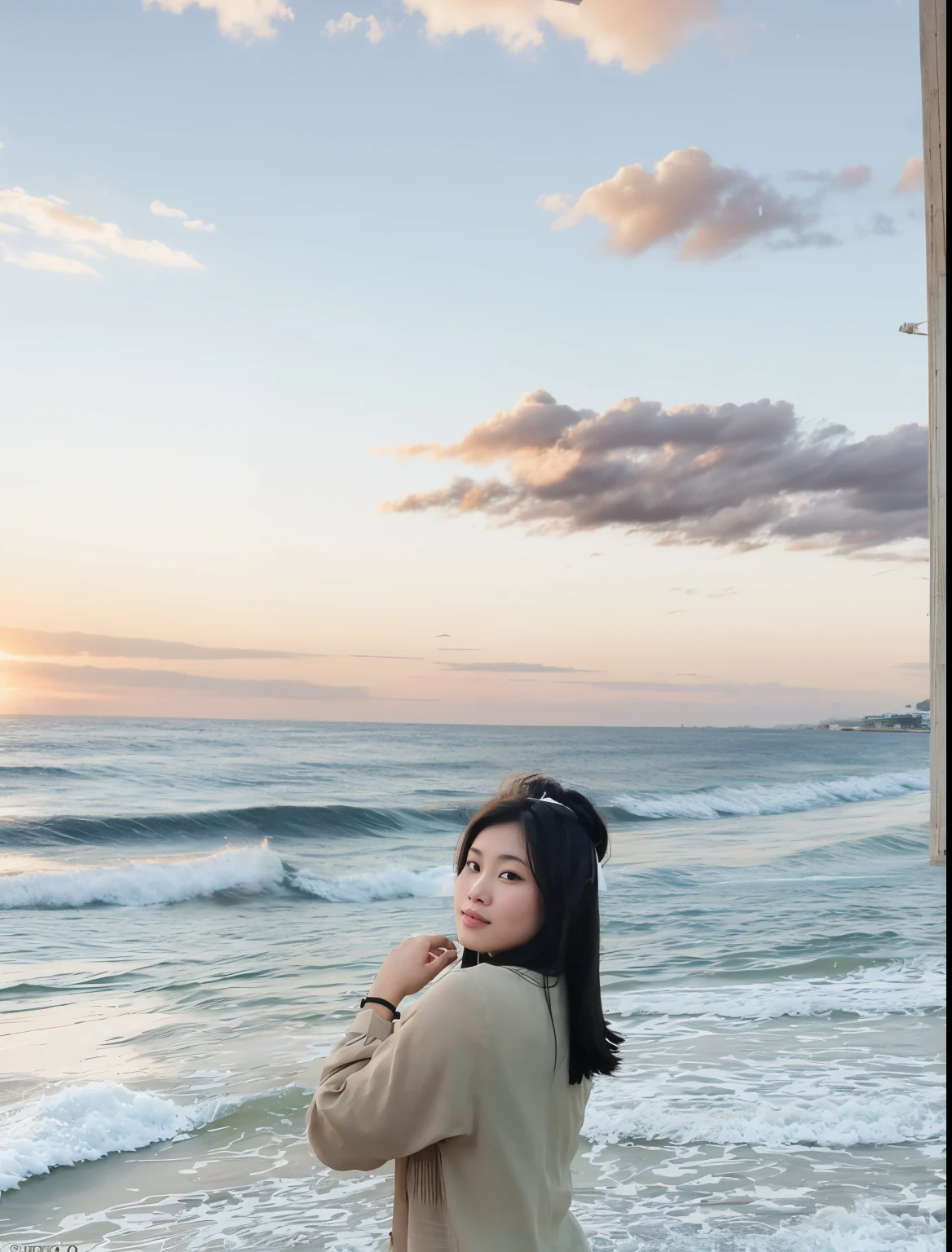 Woman standing on the beach looking out at the ocean - SeaArt AI